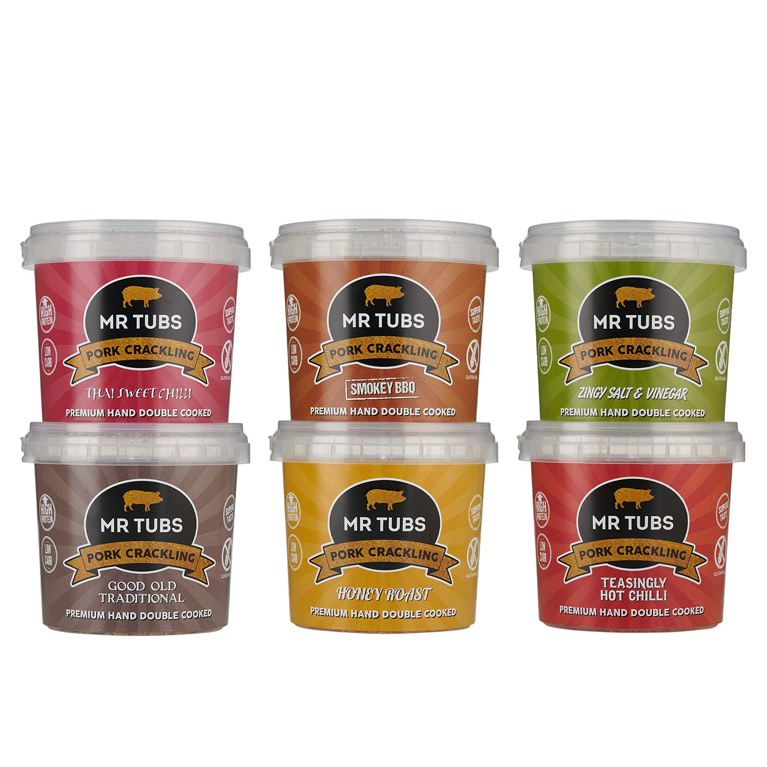 Mr Tubs Pork Crackling - 6 Tub Mixed Pack - Keto & Gluten Free Snacks
