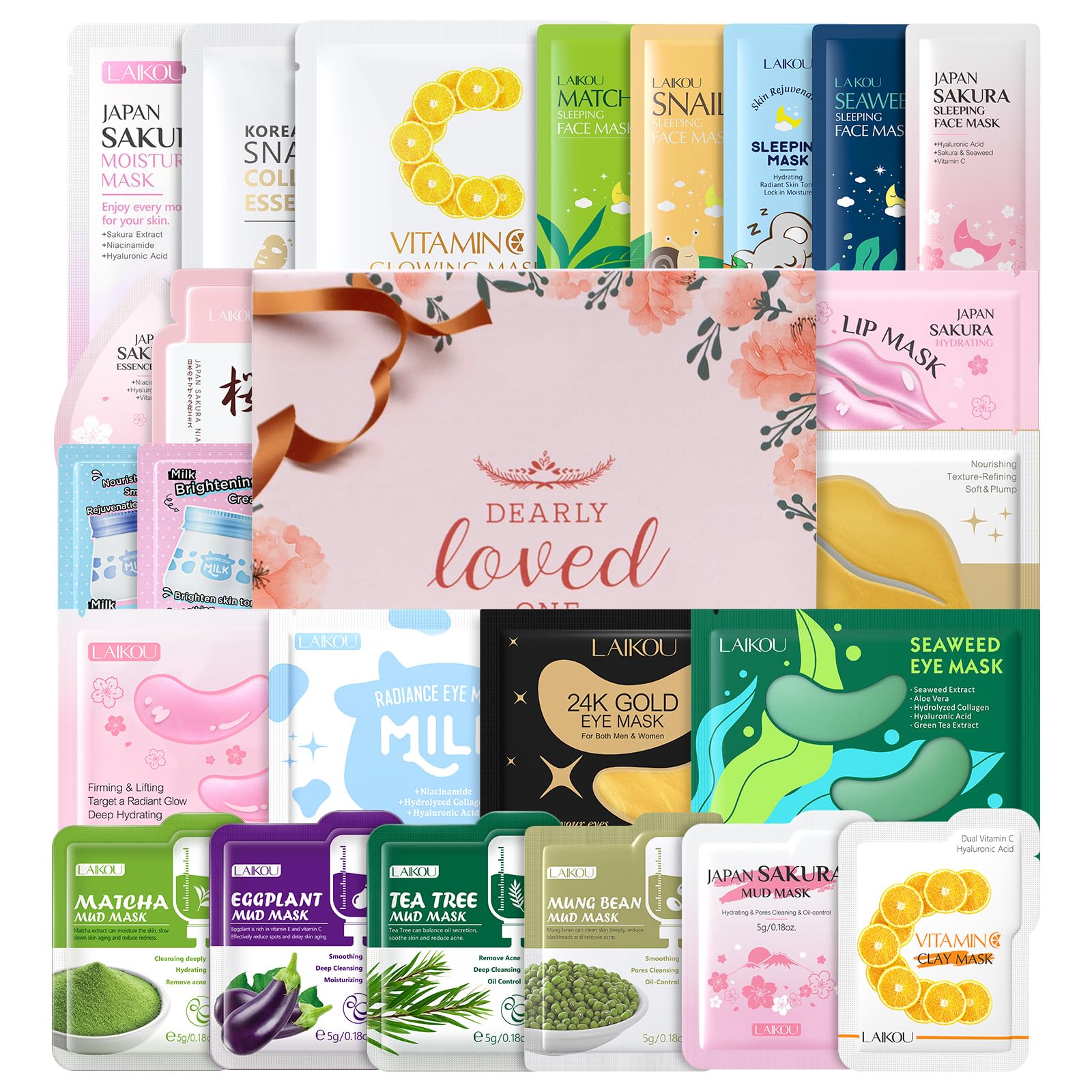 LAIKOU 24 Pcs Face Mask Skincare Set | Hydrating Pamper Gift for Women