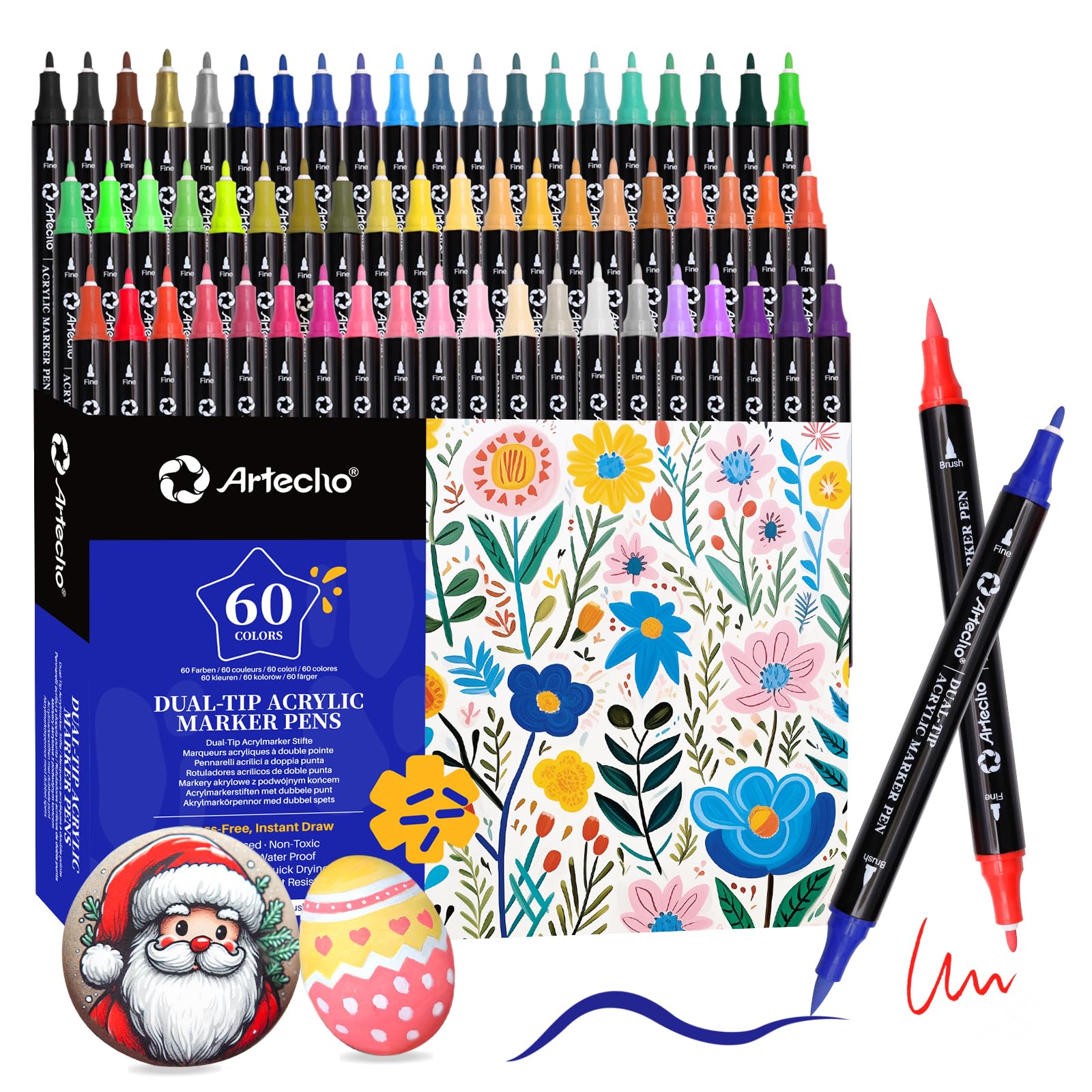 Artecho 60 Colors Dual Tip Acrylic Paint Pens | Brush & Fine Tip Markers