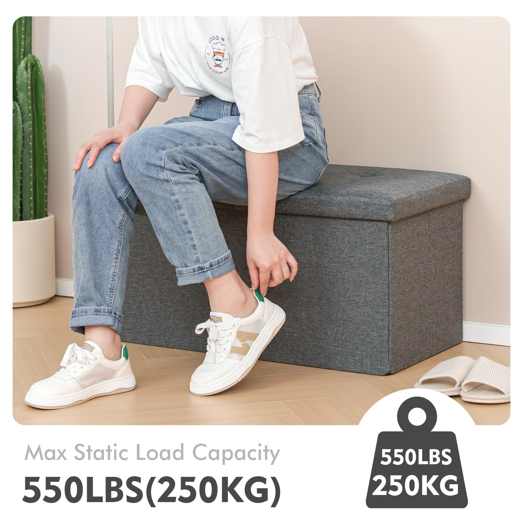 Bonlife Foldable Storage Ottoman Bench | Linen Gray Footstool - 76cm