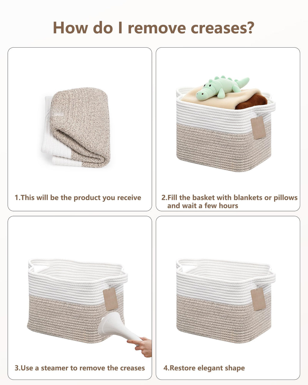 JOJOSEE Small Cotton Rope Woven Storage Basket for Shelves, White&Brown