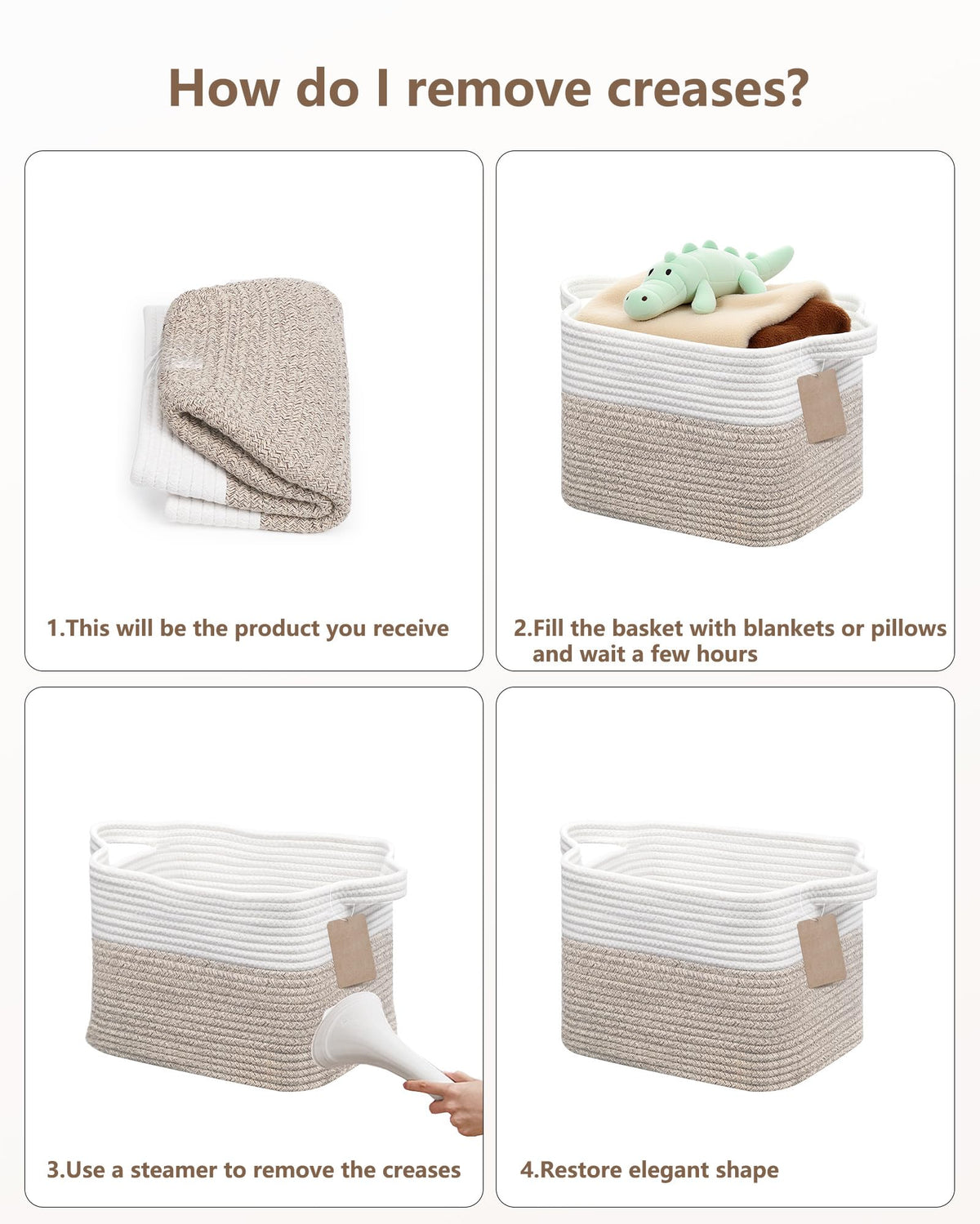 JOJOSEE Small Cotton Rope Woven Storage Basket for Shelves, White&Brown