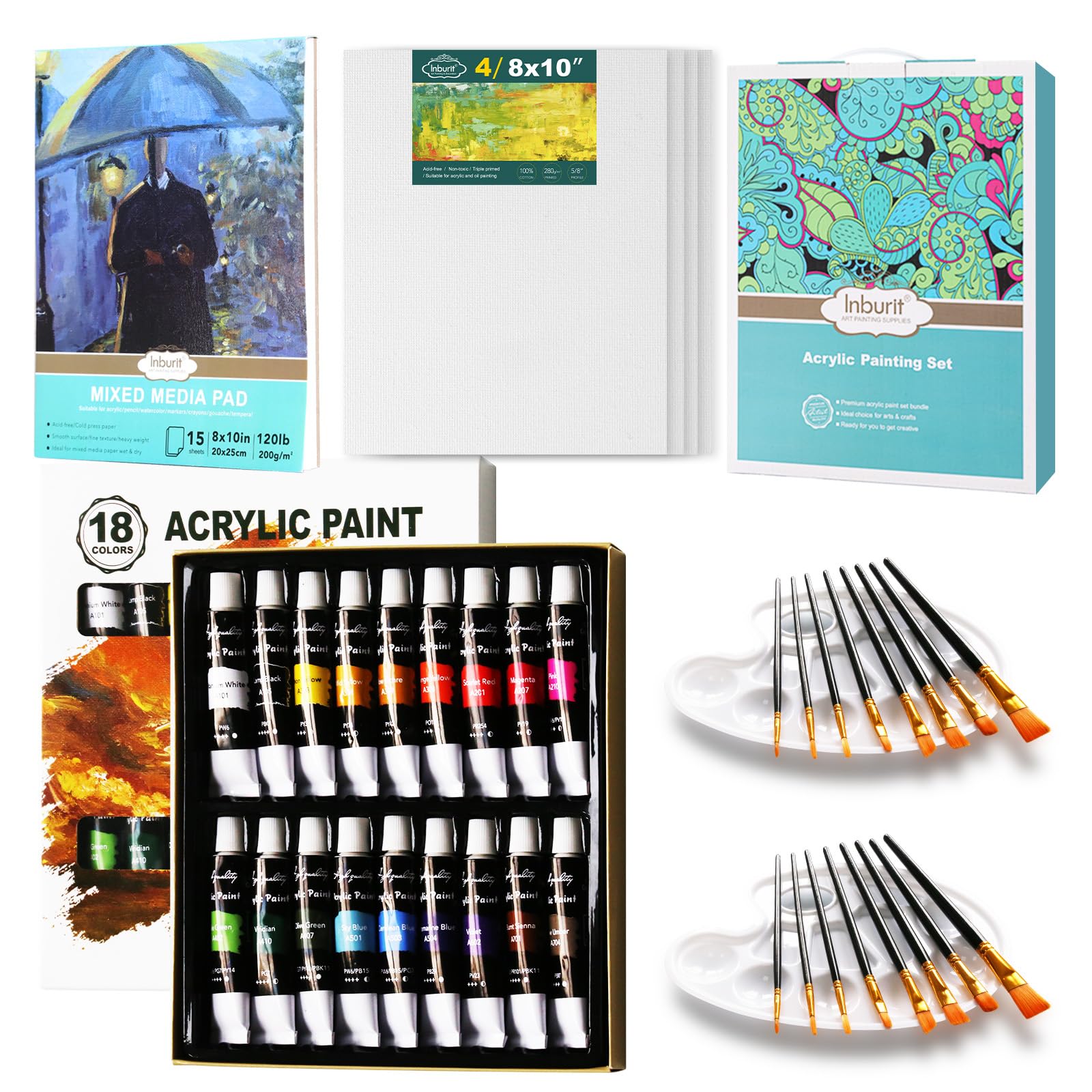 Inburit Acrylic Paint Set - 18 Colors Art Kit with Canvas and Brushes