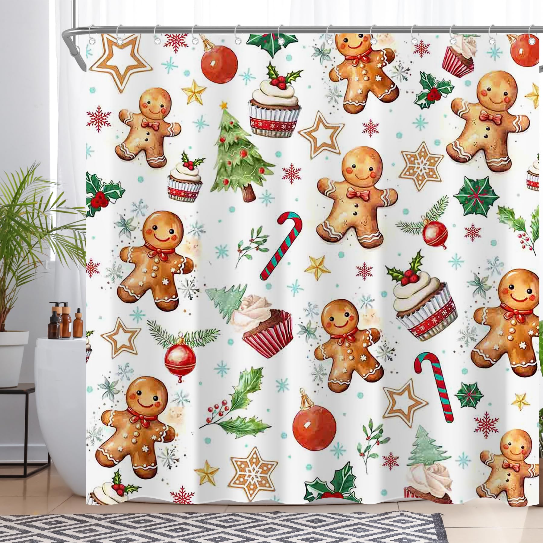 Luminora Christmas Gingerbread Man Shower Curtain | Waterproof Polyester