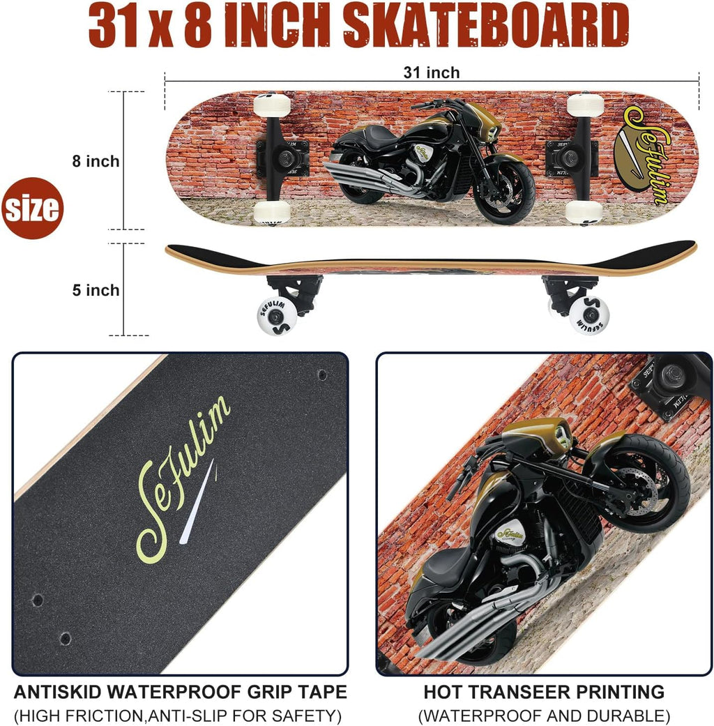 Sefulim Complete Skateboard – 31x8 Inch 7-Layer Canadian Maple Deck