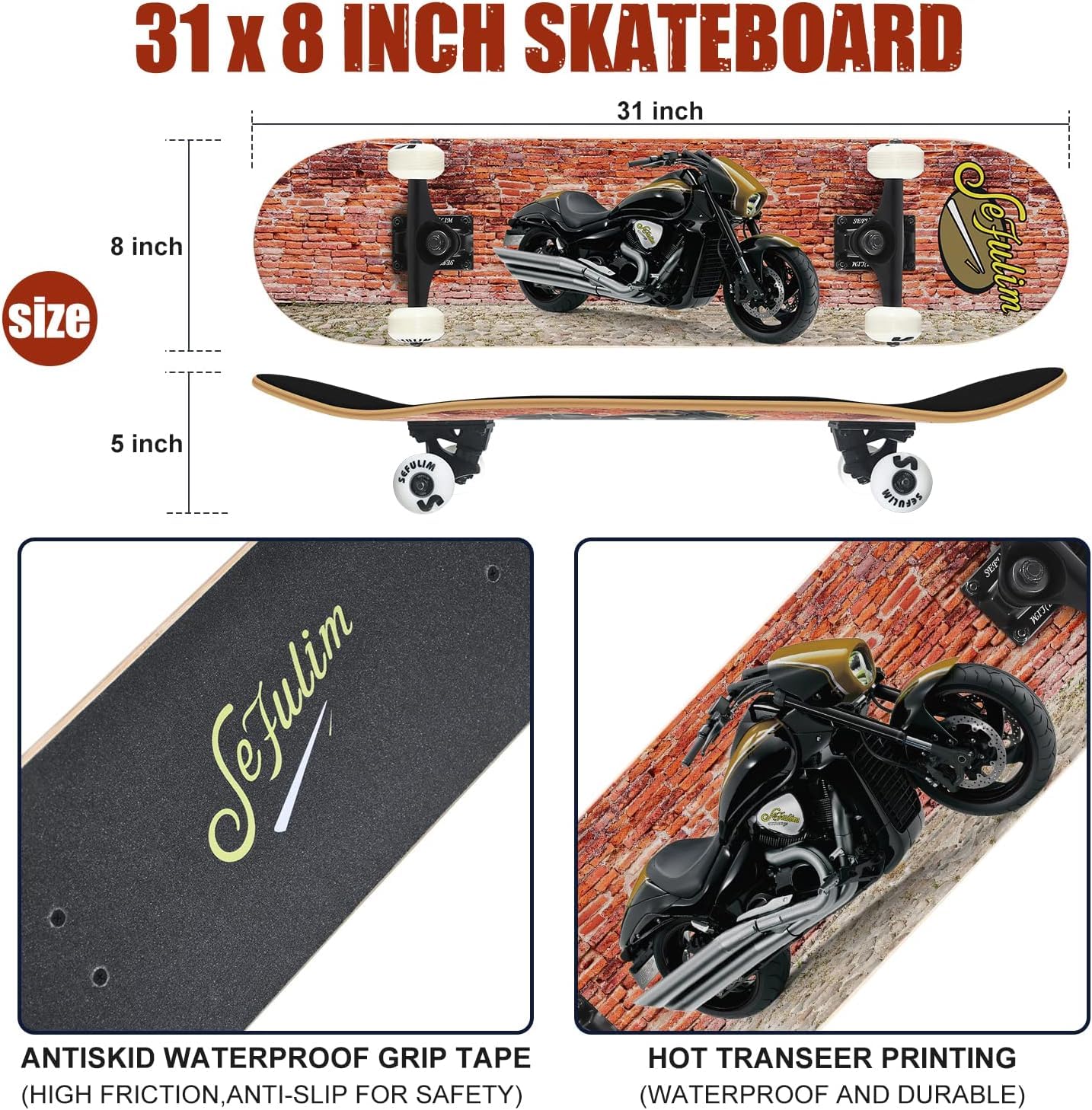 Sefulim Complete Skateboard – 31x8 Inch 7-Layer Canadian Maple Deck