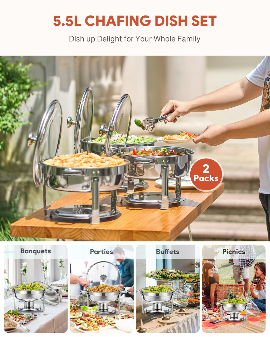 WILPREP 2-Pack Round Chafing Dish Buffet Set | 5.5L Stainless Steel Chafers