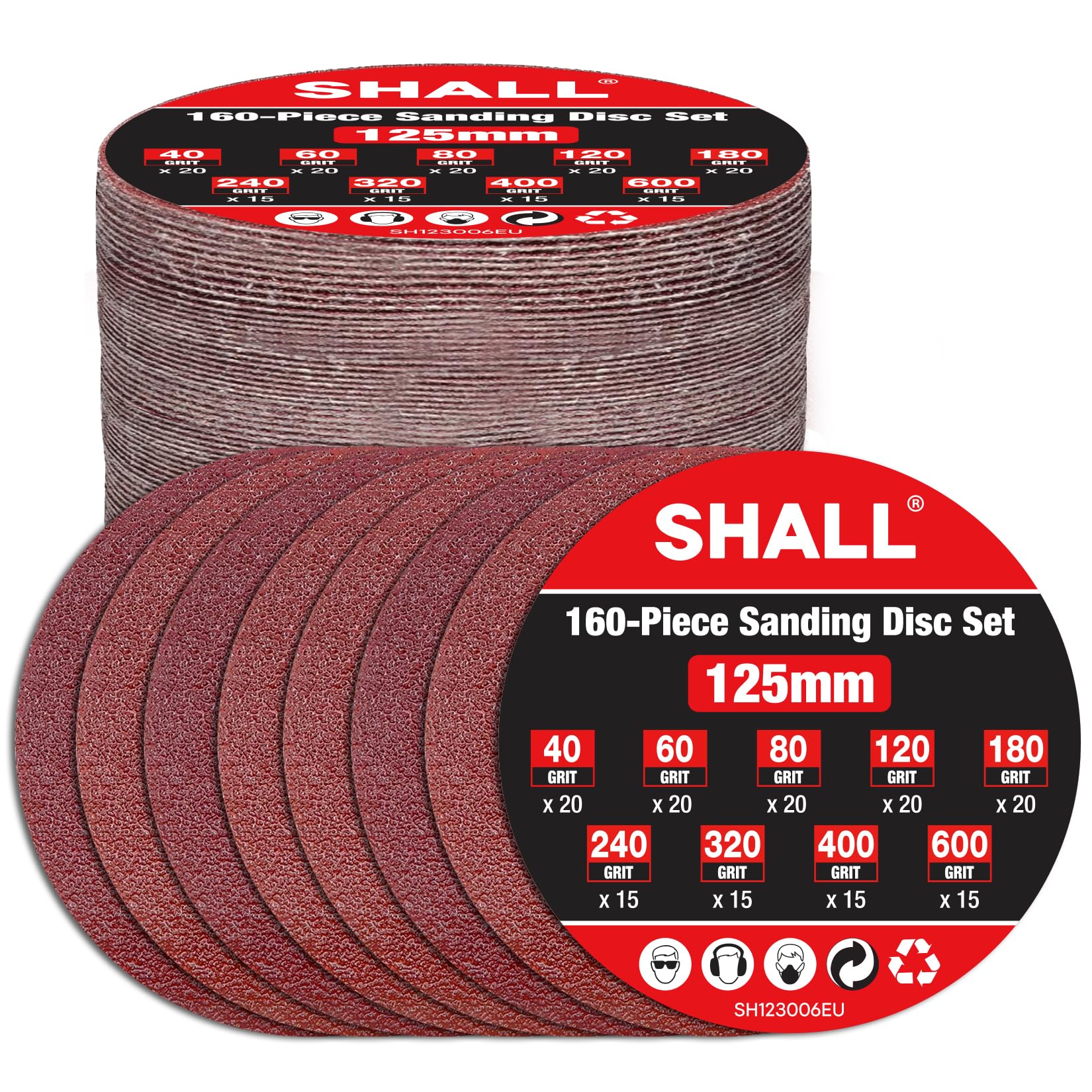 SHALL 160pcs 5 Inch Sanding Discs | 8 Hole Mixed Grit Hook and Loop Pads