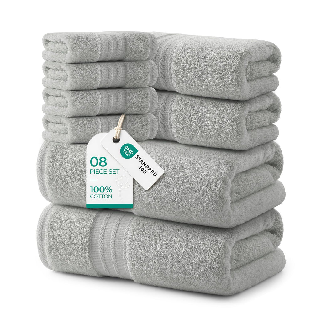 REDKISS 8 Piece Grey Towels Set with Hanging Loop-Quick Drying & Soft