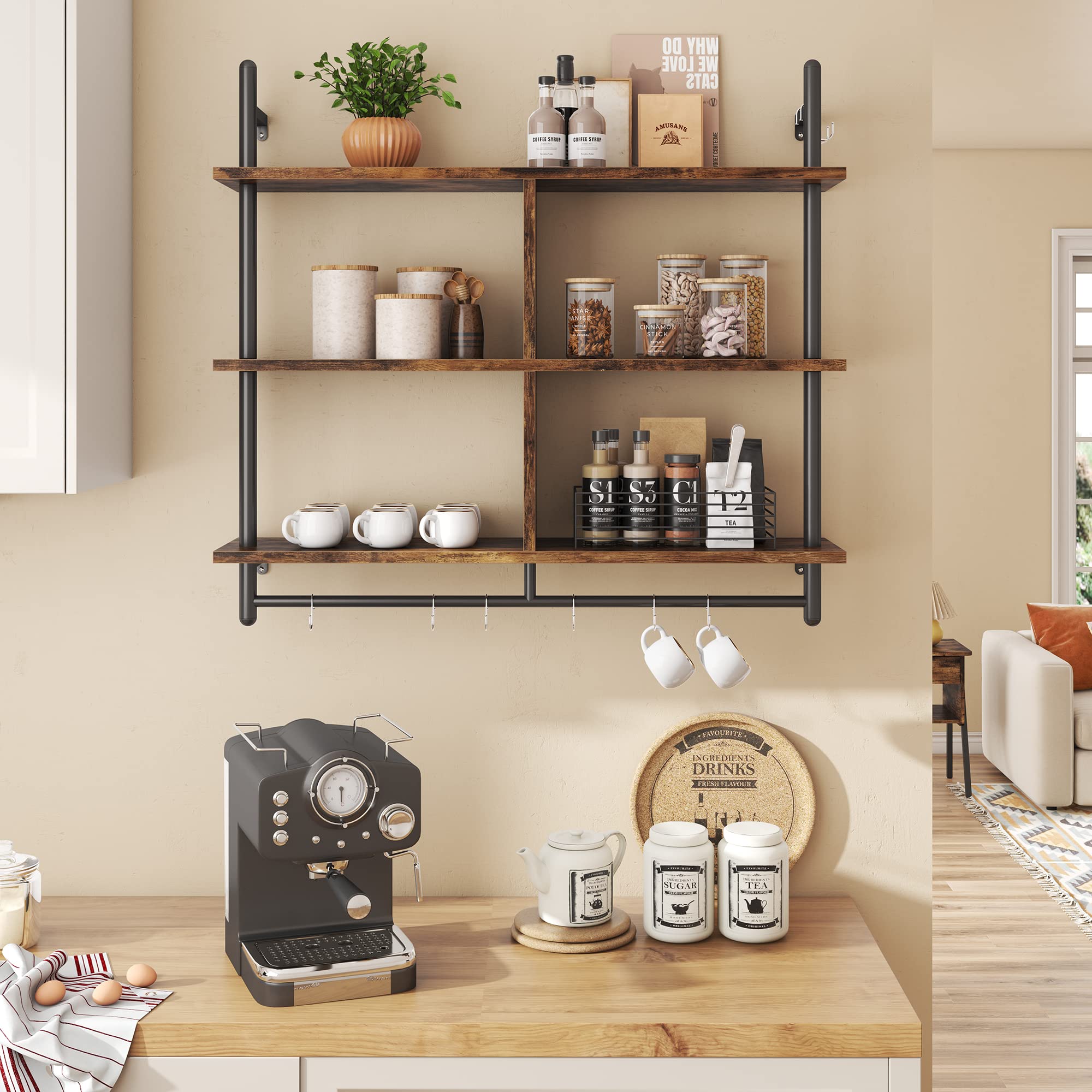 Bestier 115CM Industrial Pipe Shelving | 3-Tier Wall Mounted Ladder Shelf