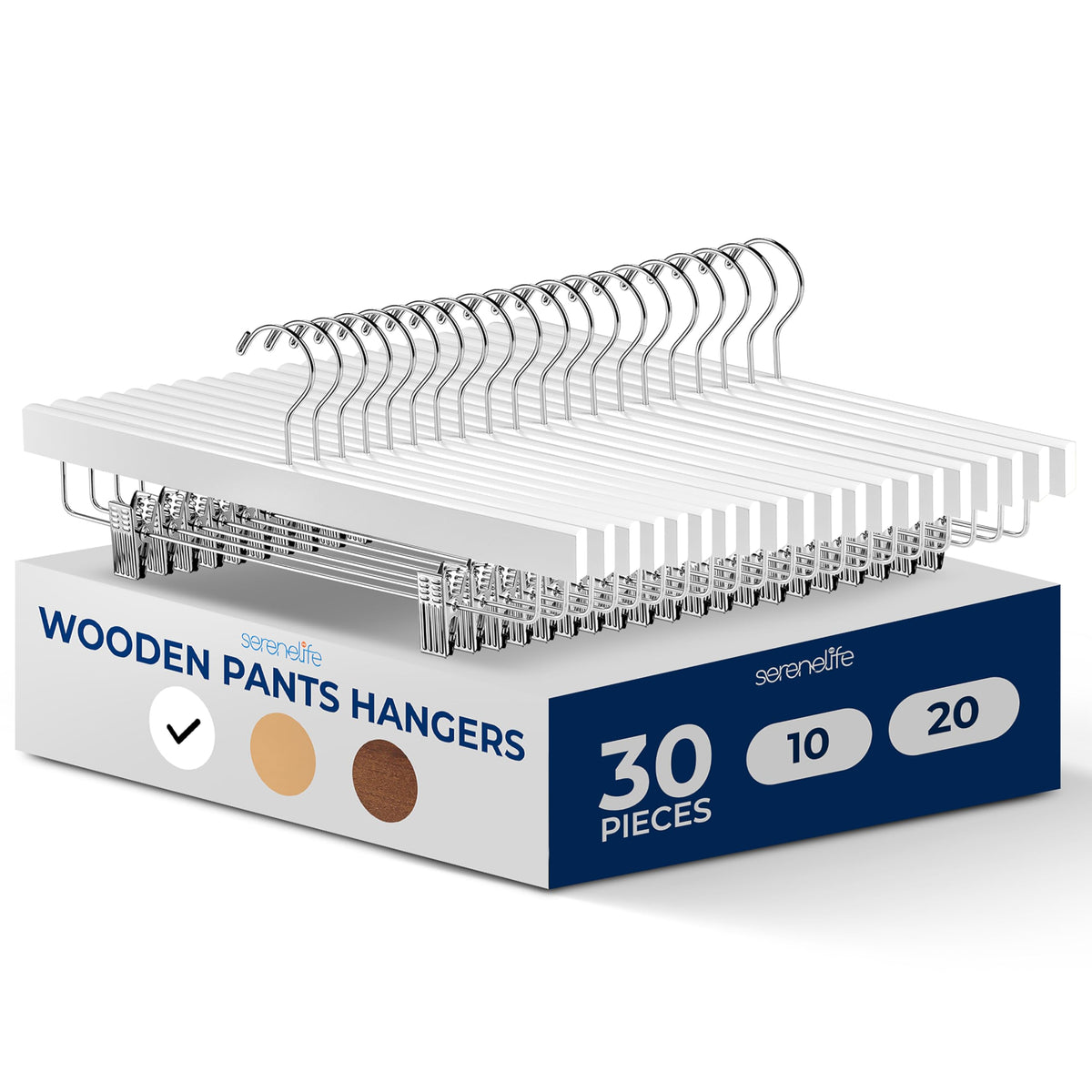 SereneLife 20pcs White Wooden Trouser Hangers, 35cm Anti-Slip Clips - image 1