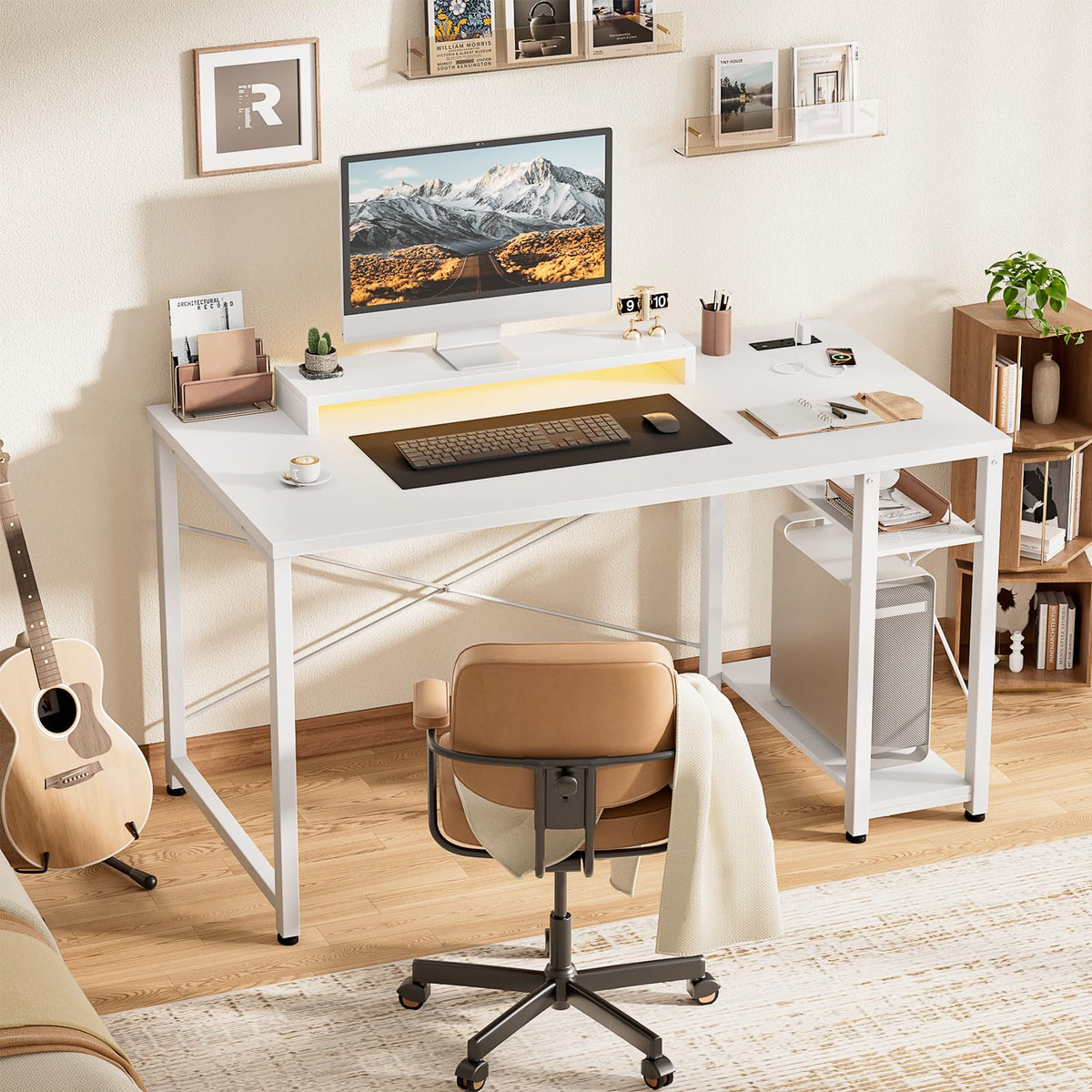 iSunirm Gaming Desk with LED Lights & Power Outlet, Reversible Computer Desk with Moveable Monitor Stand - image 3