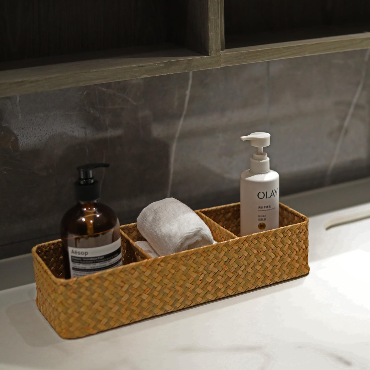 Seagrass Storage Basket with 3 Sections Woven Shelf Baskets for Organizing Natural, 37cm x 12cm x 8cm - image 4