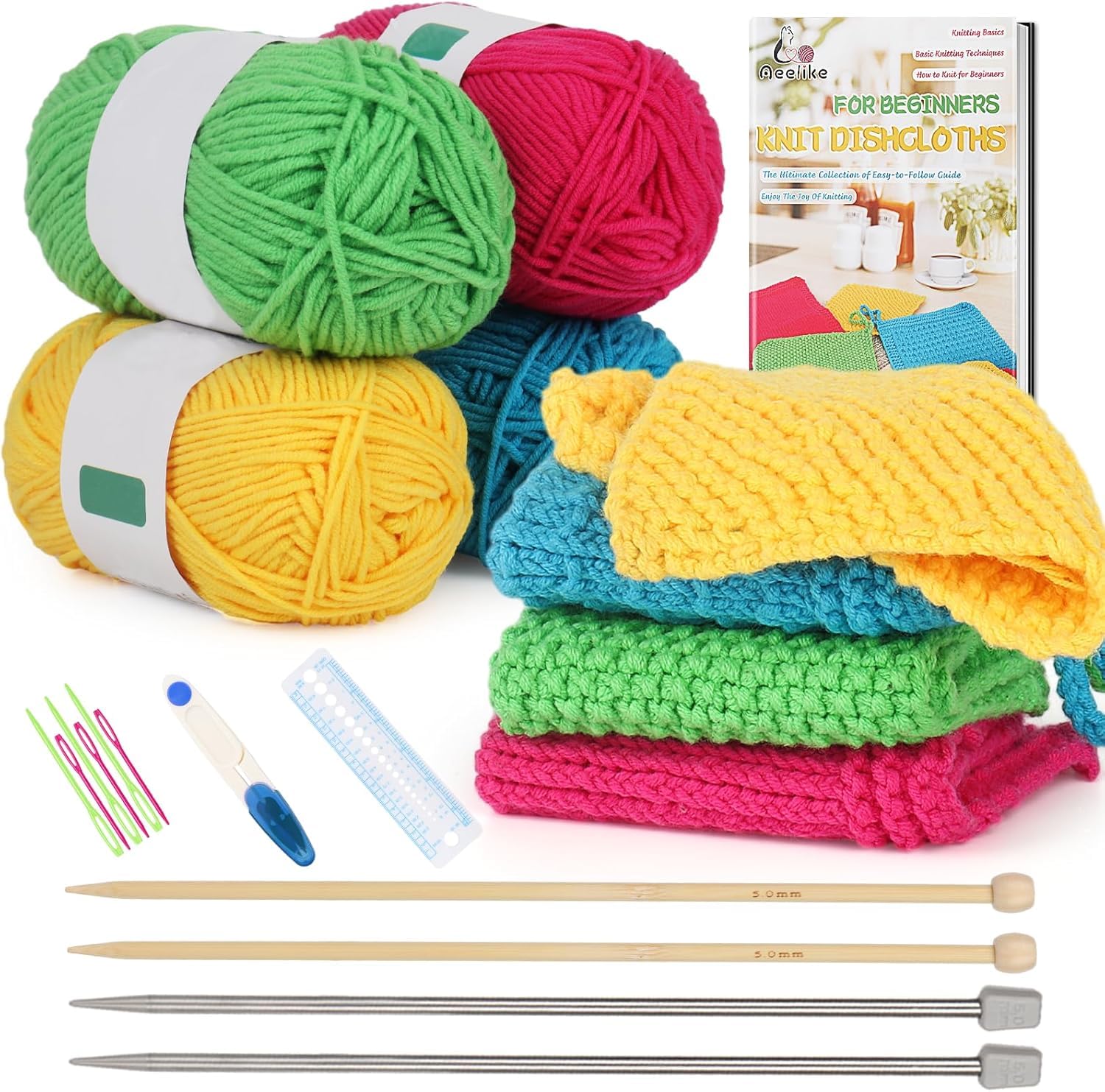 Aelike Dishcloth Knitting Kit for Beginners | Bamboo & Metal Needles