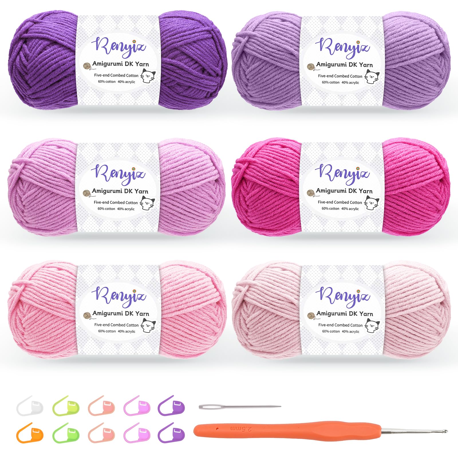 Renyiz Crochet Yarn Set – 6x50g Cotton Blend DK Yarn Kit with Hook