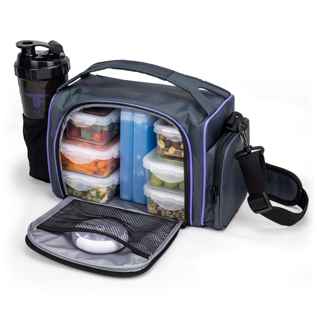 ThinkFit Insulated Meal Prep Lunch Bag with 6 Containers & Shaker - Purple