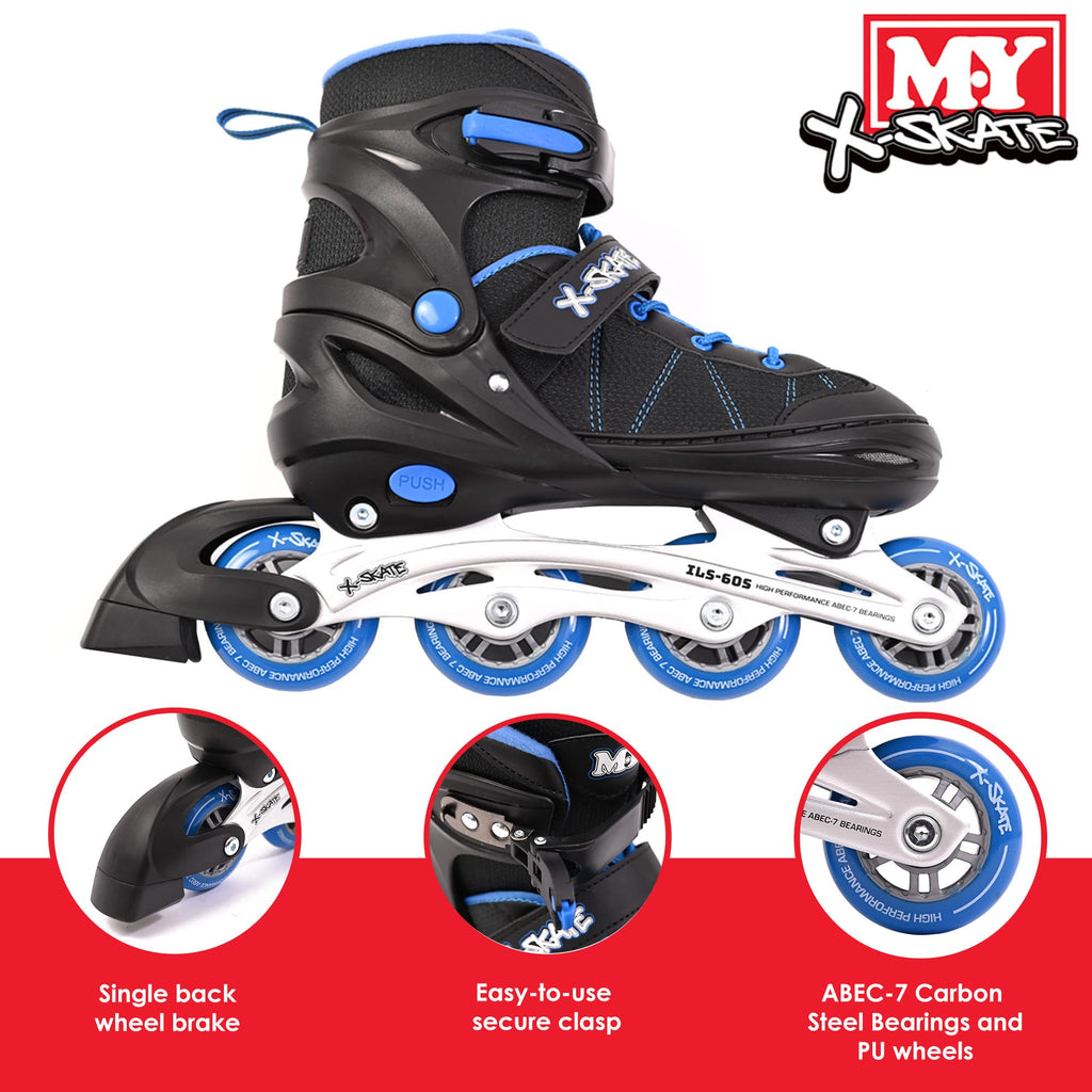 M.Y X-Skate Kids Adjustable Inline Roller Skates - Blue - Small