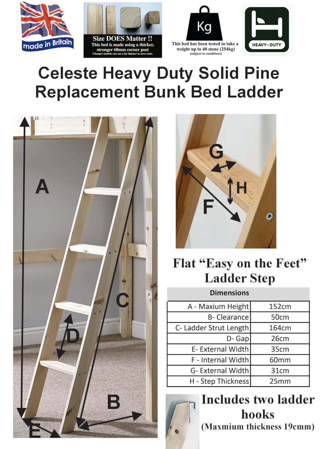 Strictly Beds and Bunks Slanted Bunk Bed Ladder – Solid Pine, Natural