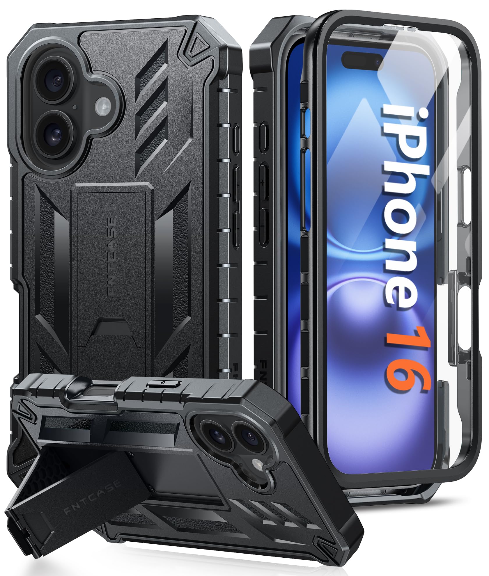 FNTCASE iPhone 16 Case - Military Grade Shockproof Kickstand Cover