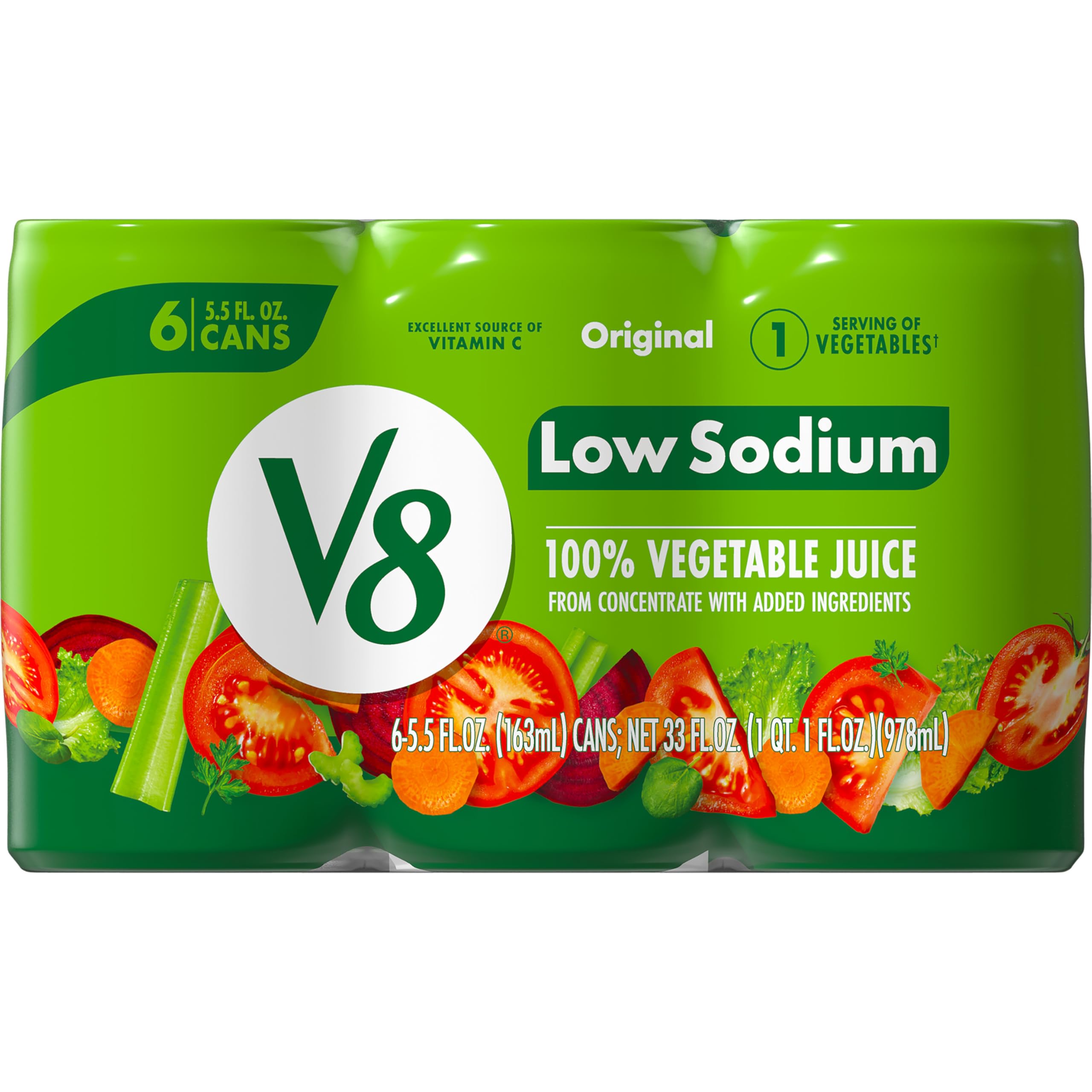 V8 Low Sodium 100% Vegetable Juice – 160 ml Cans (Pack of 6)