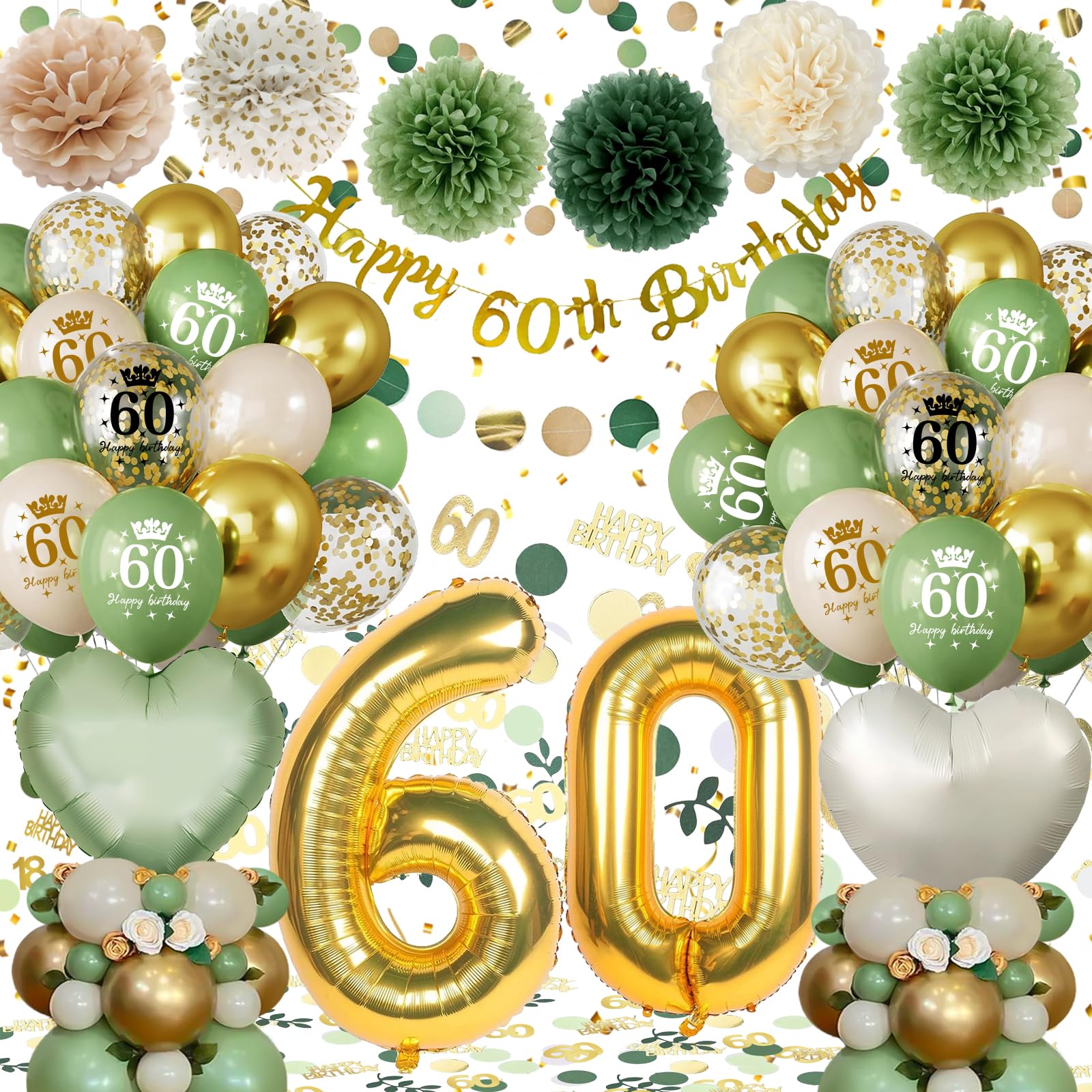 60th Birthday Decorations - Green Gold Balloon Set with Banner
