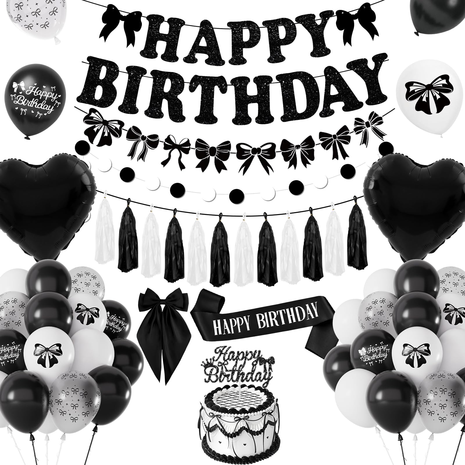 Black Bow Birthday Party Decoration Set with Banner & Balloons