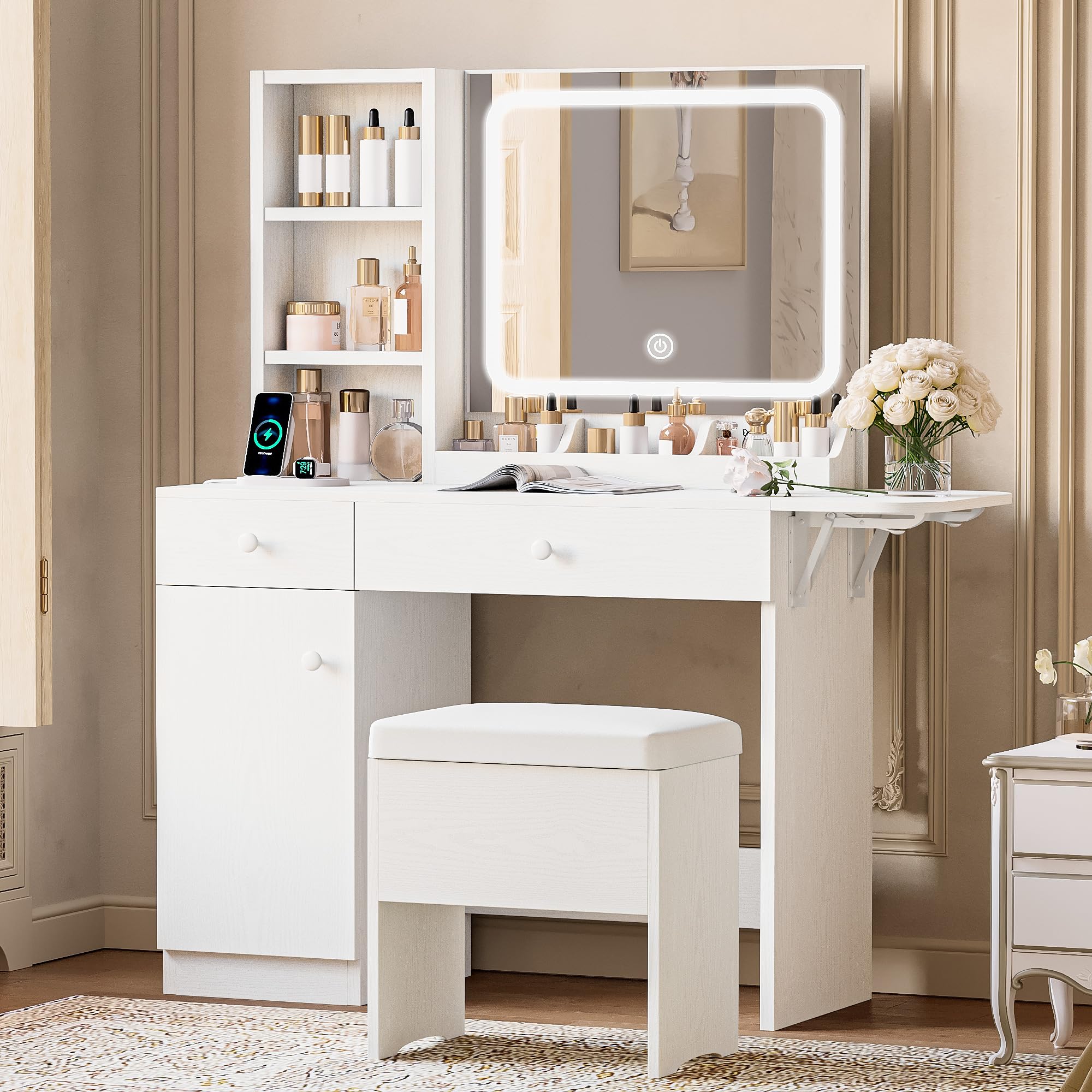 IRONCK Vanity Desk with LED Mirror, Charging Station & Stool | White