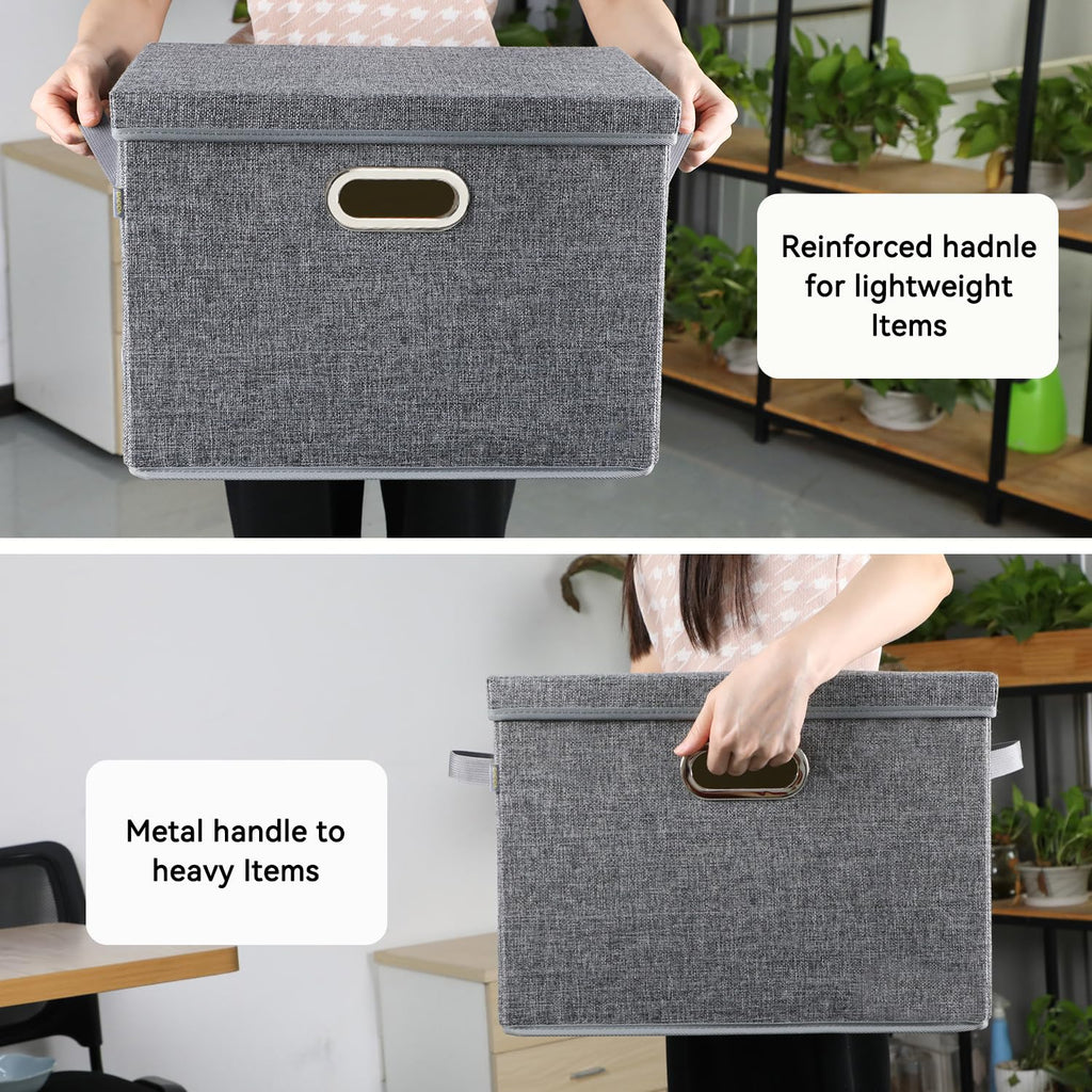 Voova 3-Pack Large Linen Fabric Storage Bins with Lids – Stackable Organizers