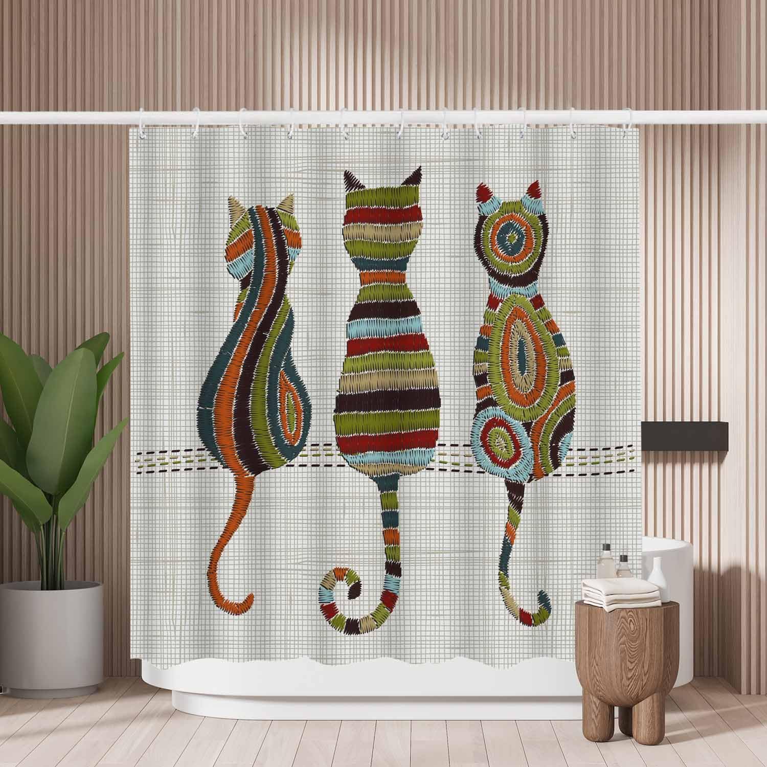 Jolof Store Folk Cat Shower Curtain – Mold Resistant Polyester 180x180cm