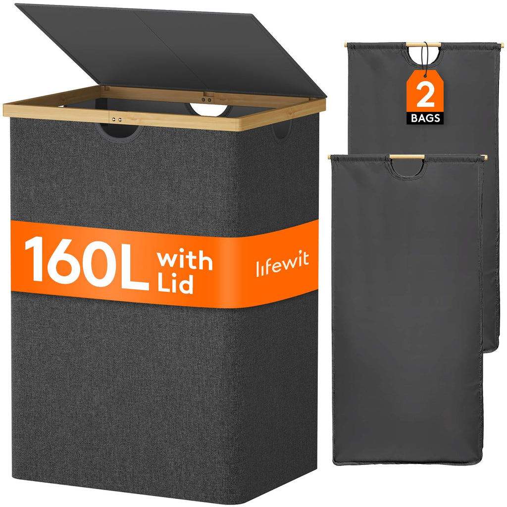 Lifewit 160L Bamboo Laundry Basket with Lid | 2-Compartment Hamper