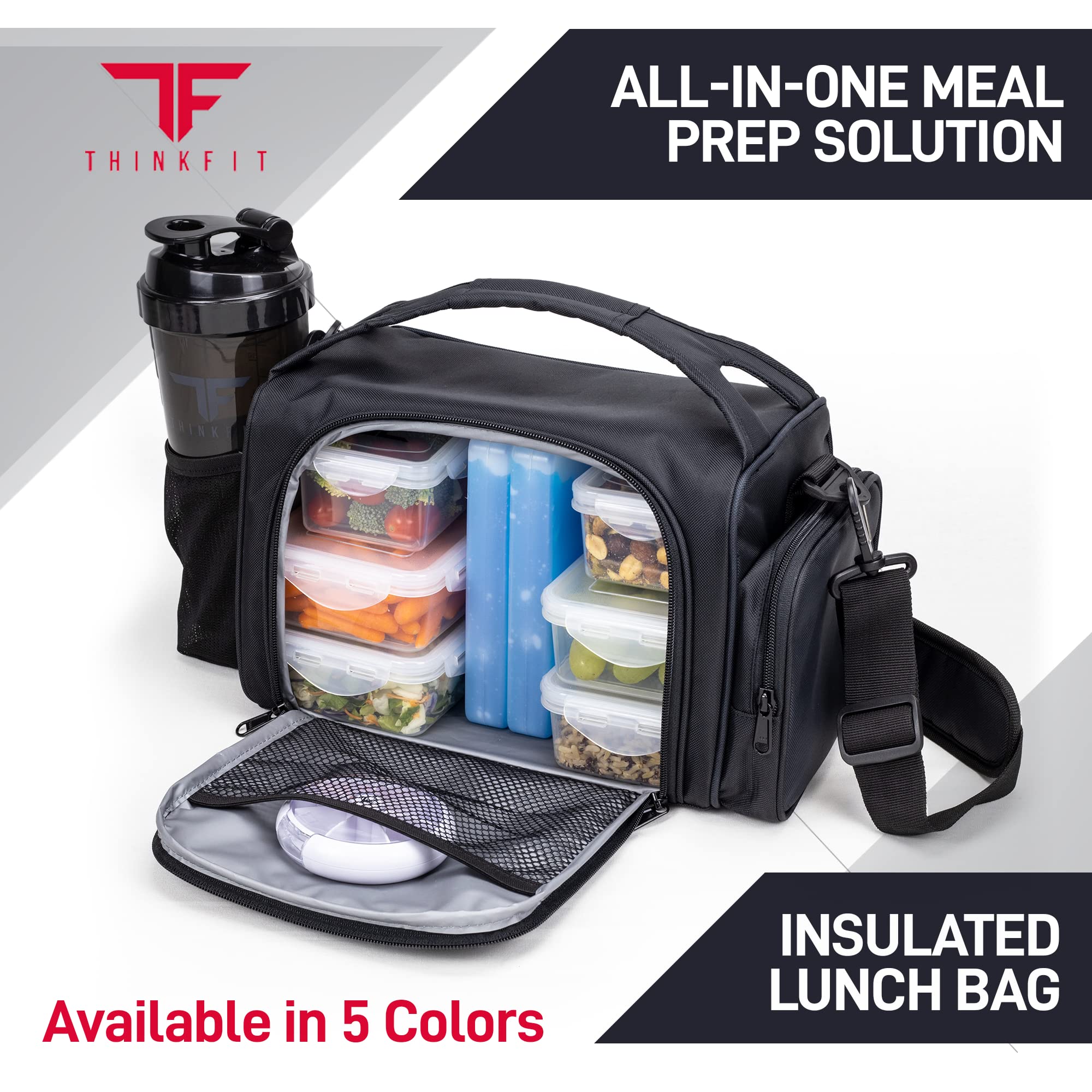ThinkFit Insulated Meal Prep Lunch Box - 6 Containers & Shaker Cup - Black