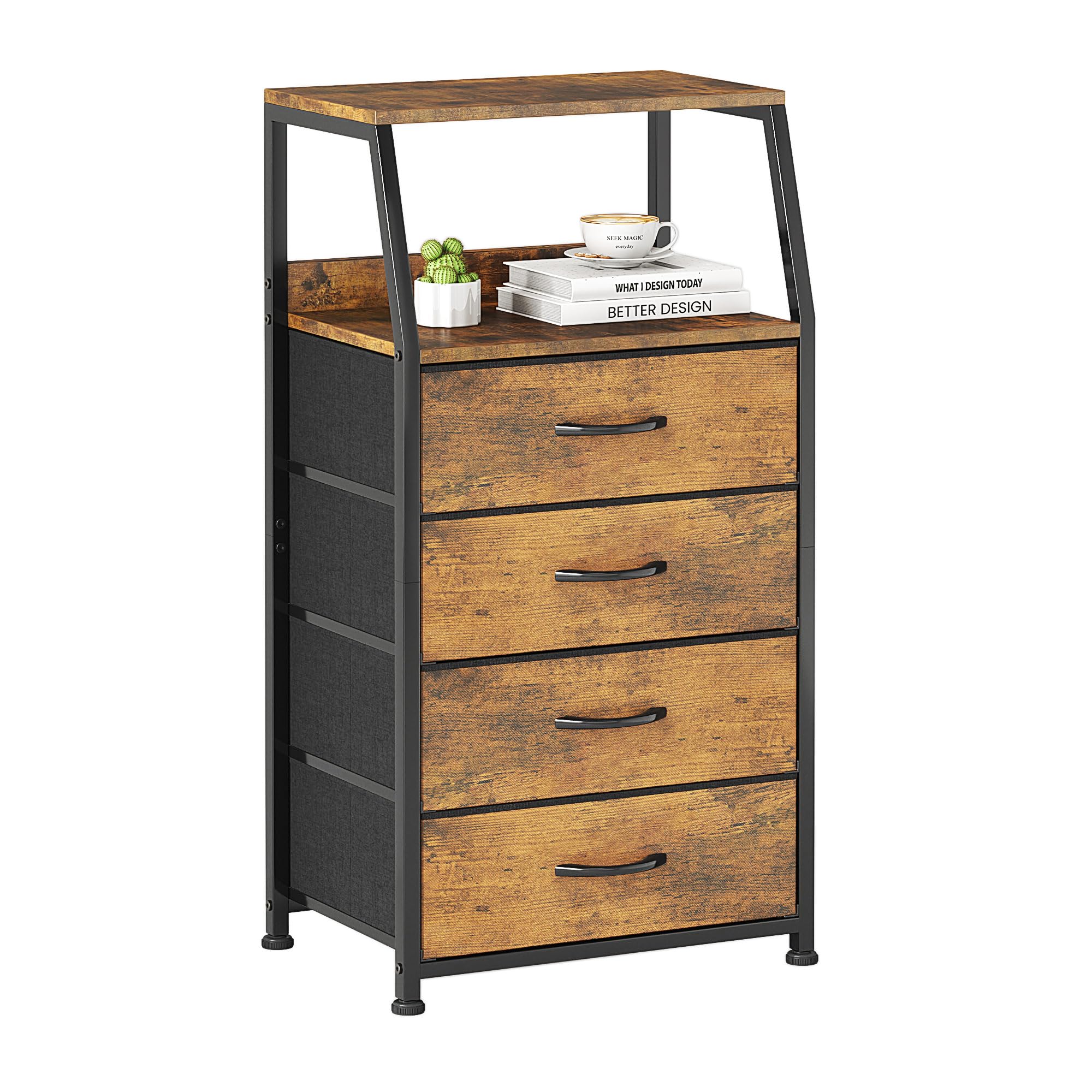 CAIYUN 4-Drawer Fabric Dresser – Rustic Brown Storage Chest with Shelf