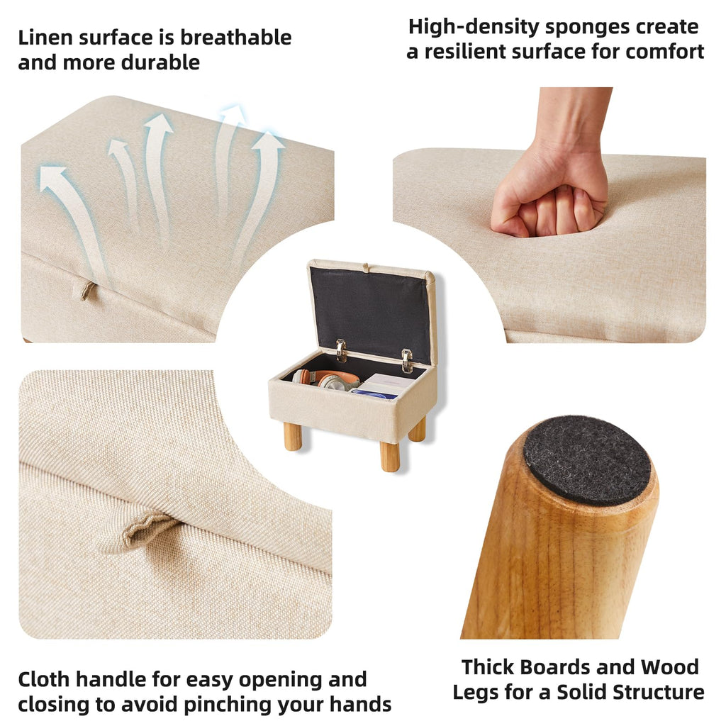 Aibiju Small Storage Ottoman – Linen Fabric Footstool with Wooden Legs