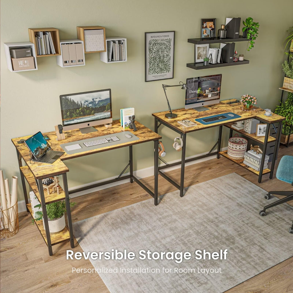 Domshoct L-Shaped Corner Desk with Power Outlets and Storage Shelves