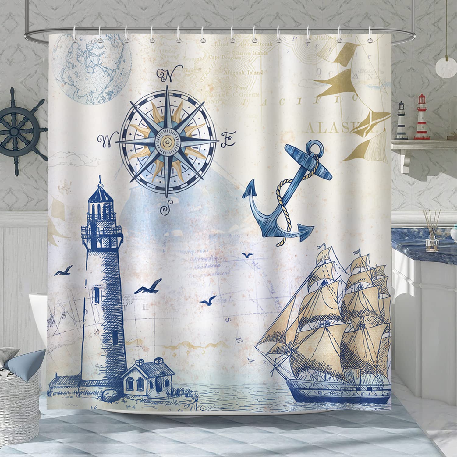 Bonhause Nautical Sailboat Shower Curtain | Waterproof Polyester, 180x180cm