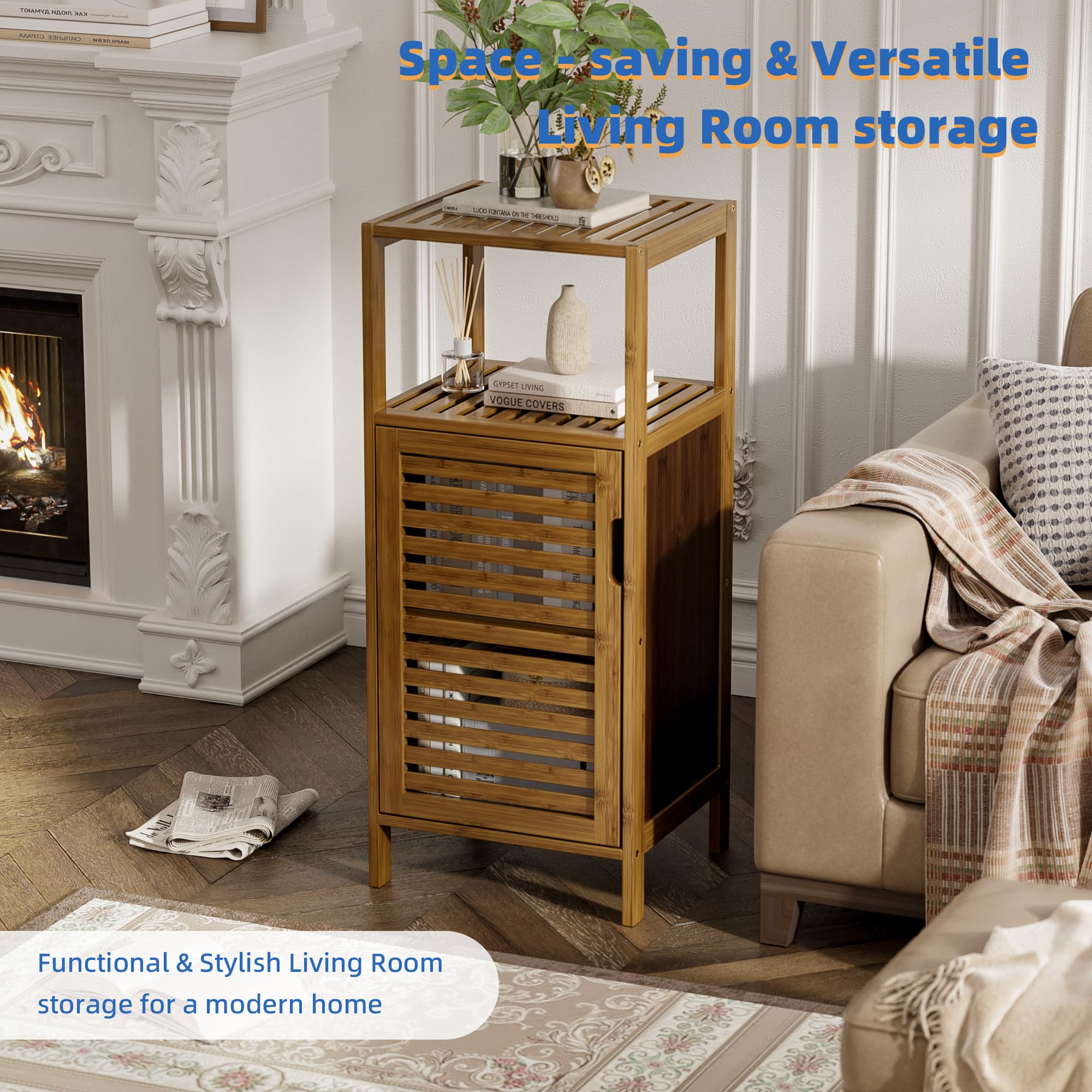 HITNET 4-Tier Bamboo Bathroom Floor Cabinet - Slim Storage Cupboard, Walnut