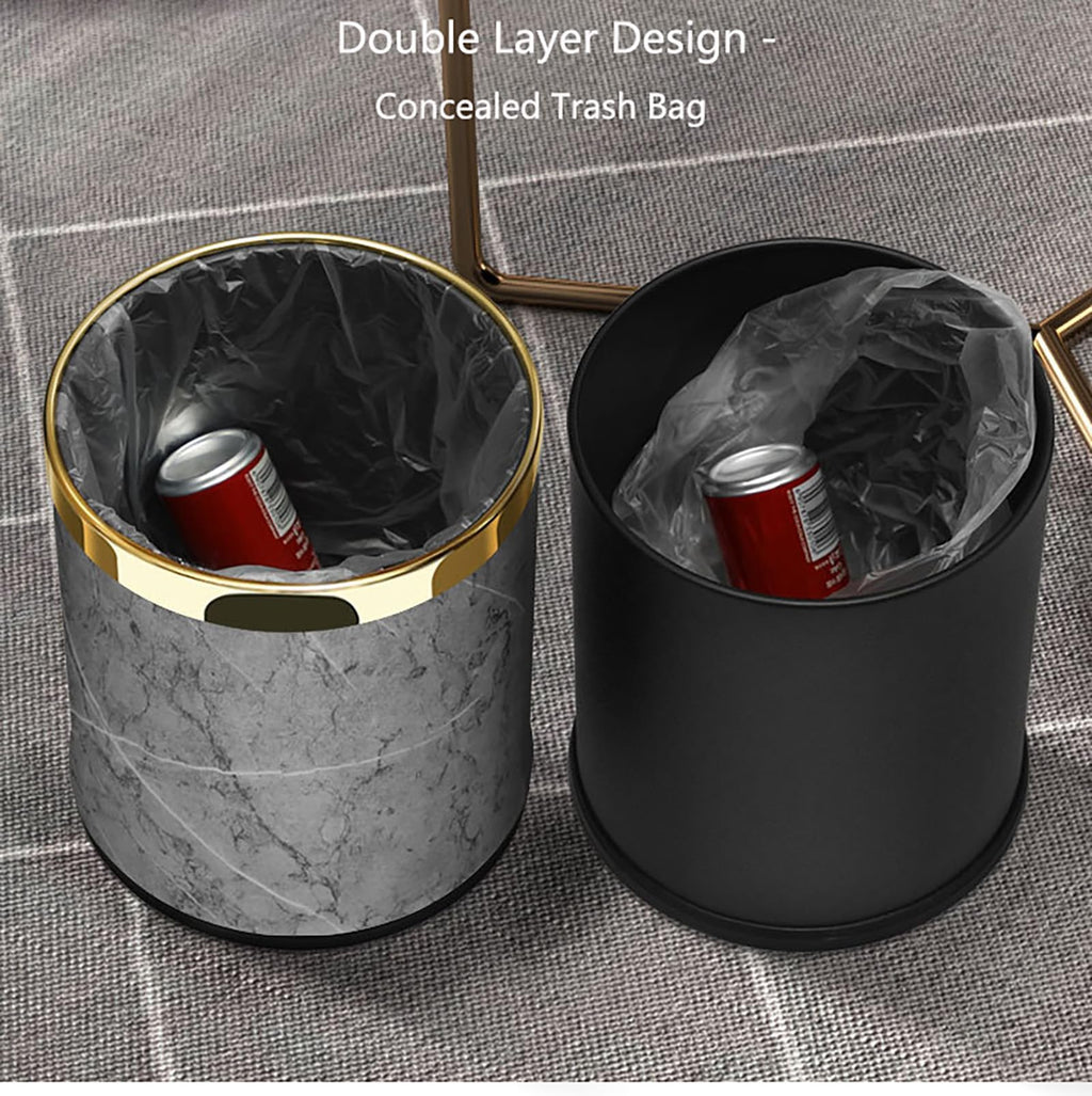 SXYLOB Luxury Metal Waste Bin 10L, Double Layer Trash Can PU Leather Covered Round Wastebasket Dust Bins for Kitchen Bathroom Hotel Office Grey Hui