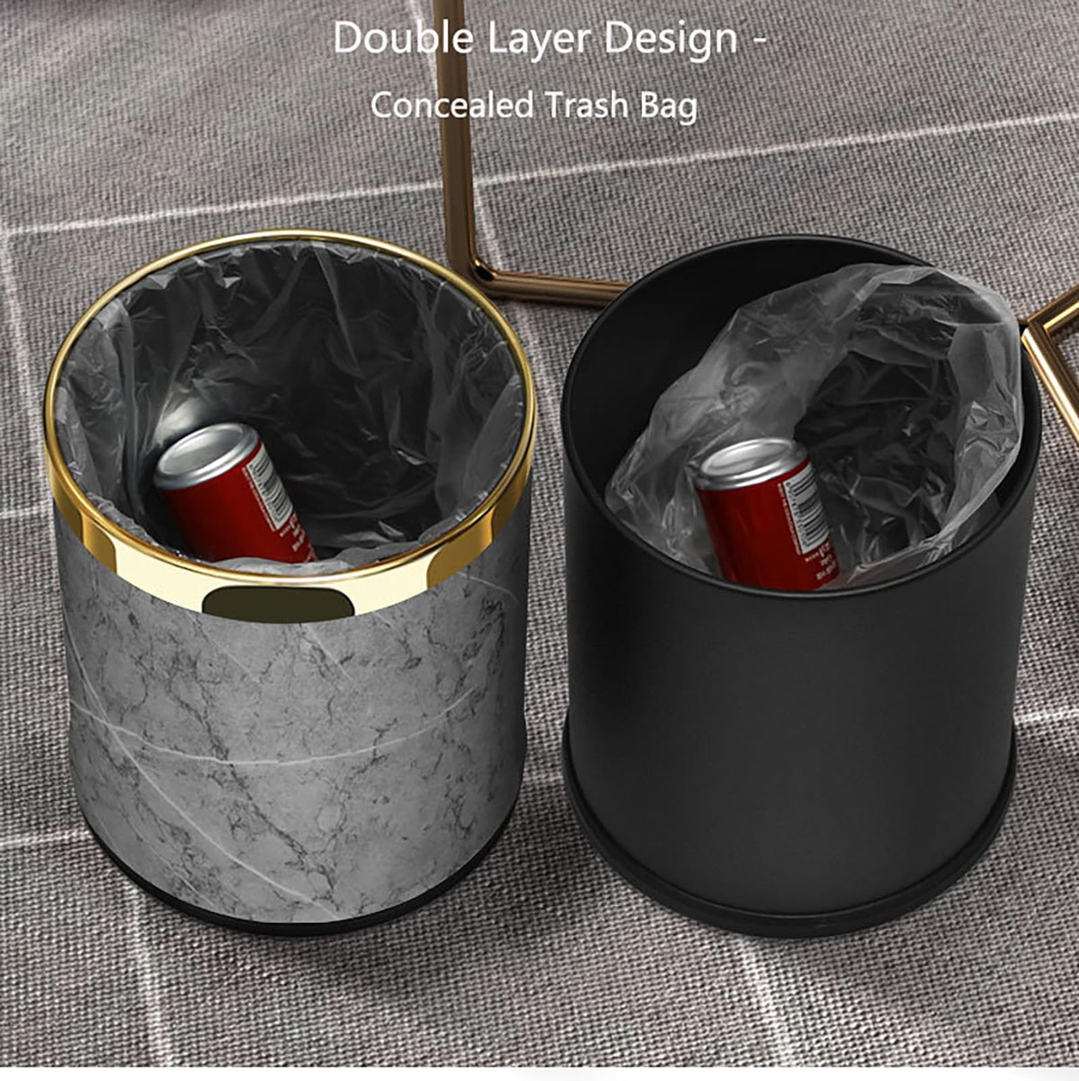 SXYLOB Luxury Metal Waste Bin 10L, Double Layer Trash Can PU Leather Covered Round Wastebasket Dust Bins for Kitchen Bathroom Hotel Office Grey Hui