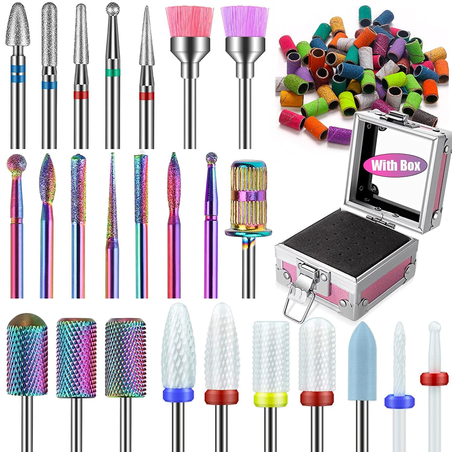 25Pcs Nail Drill Bits Set with Pink Holder & Sanding Bands