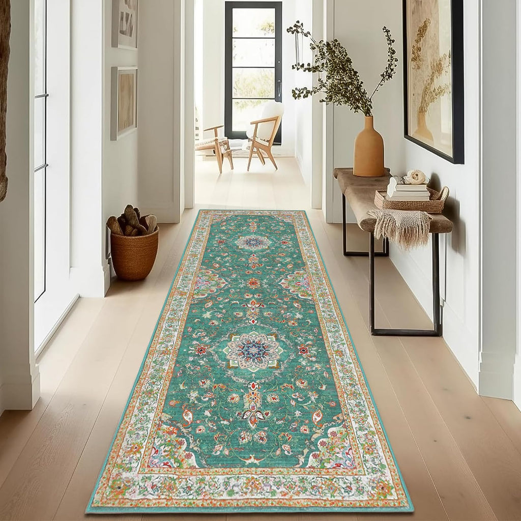 Enyhom Vintage Floral Hallway Runner Rug – Washable Non-Slip Green Carpet