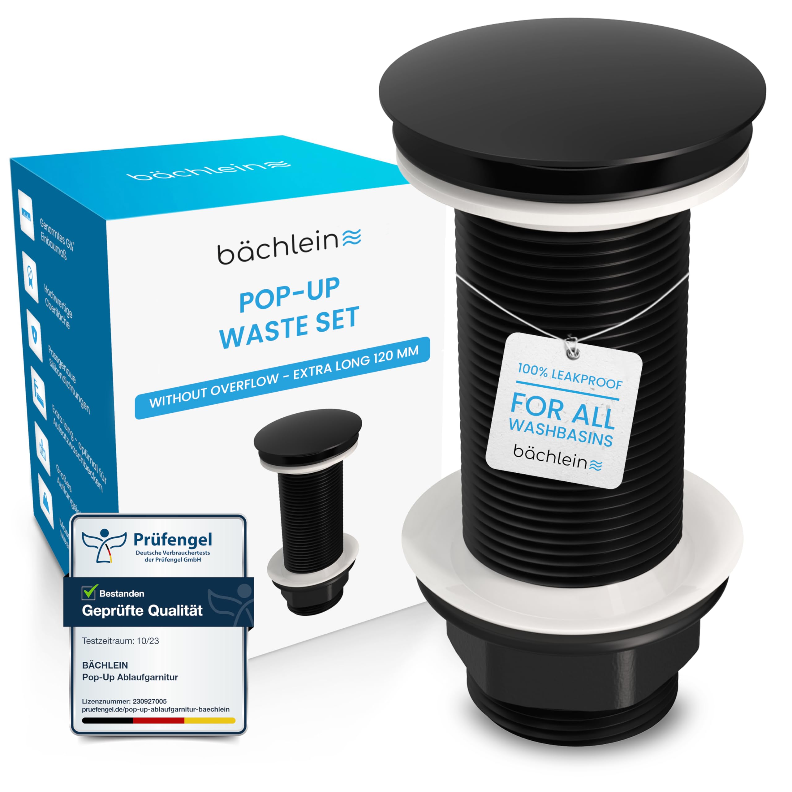Bächlein Universal Pop Up Drain Valve for Washbasins - Matt Black Brass