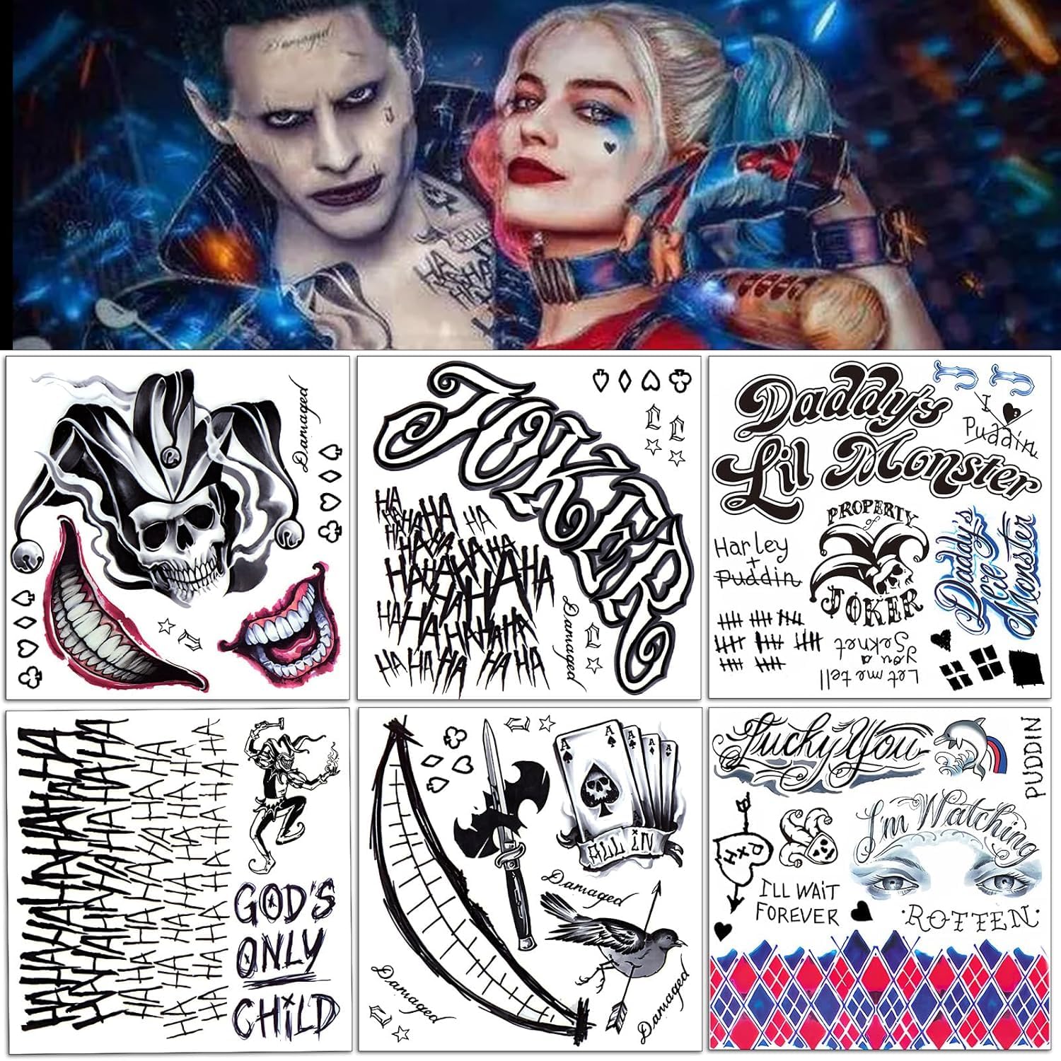Jolof Store Joker & HQ Temporary Tattoos - 16 Sheets Suicide Squad Cosplay