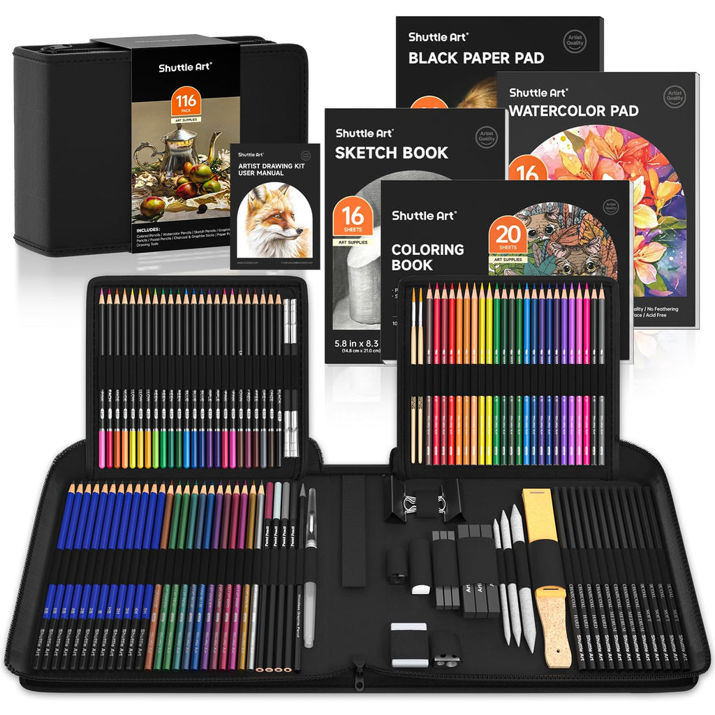 Shuttle Art 116 Pack Drawing Pencils Set | 4 Pads & Zipper Case