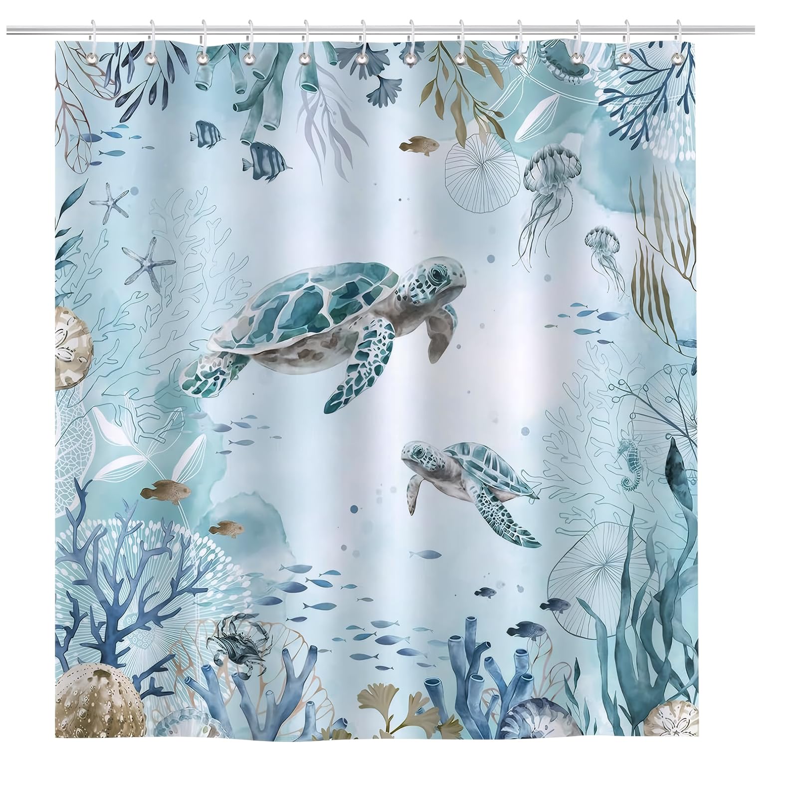 Jolof Store Sea Turtle Shower Curtain | Teal Coastal Ocean Fabric – 200x180cm