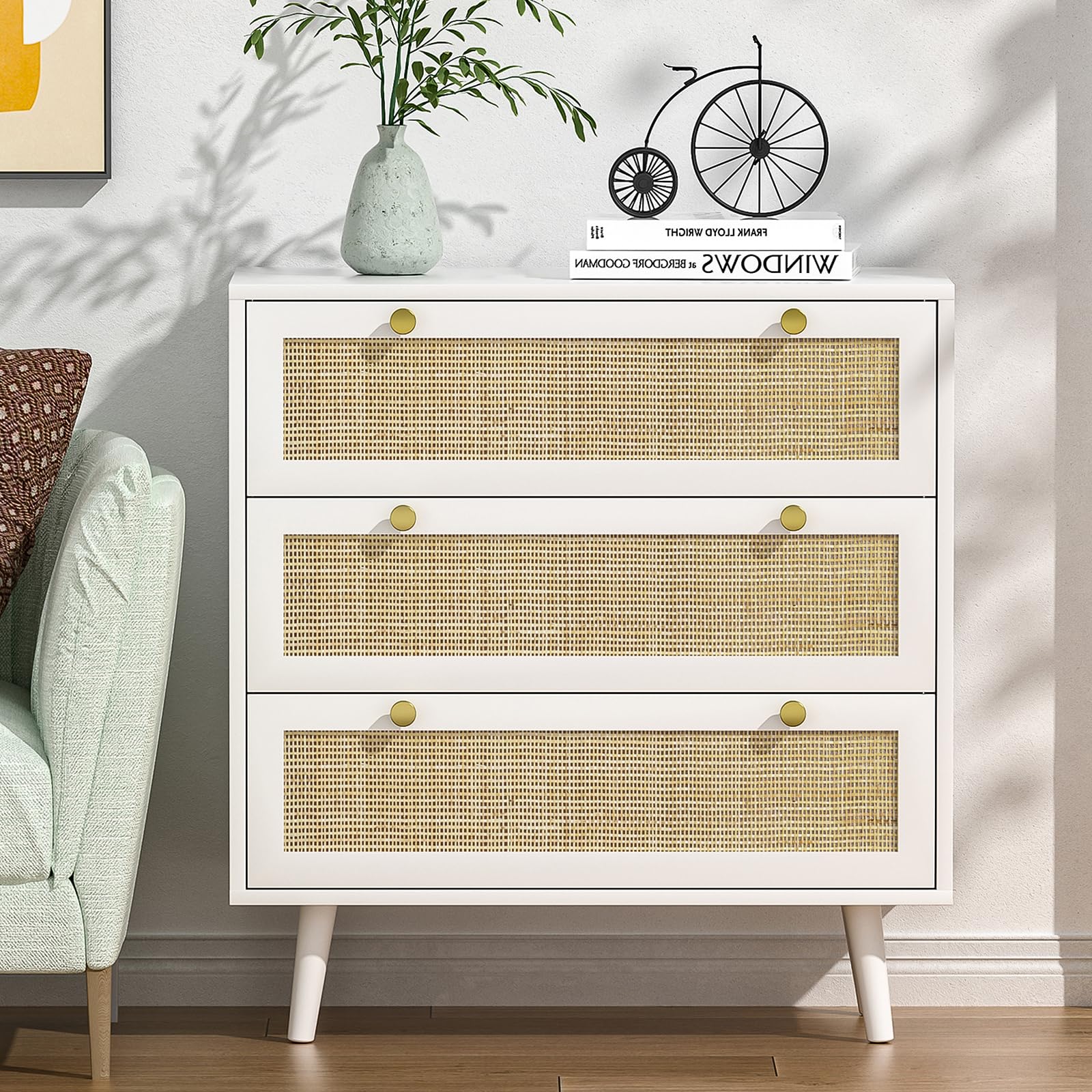 Yvsevnr 3-Drawer White Rattan Dresser – Boho Wood Chest of Drawers