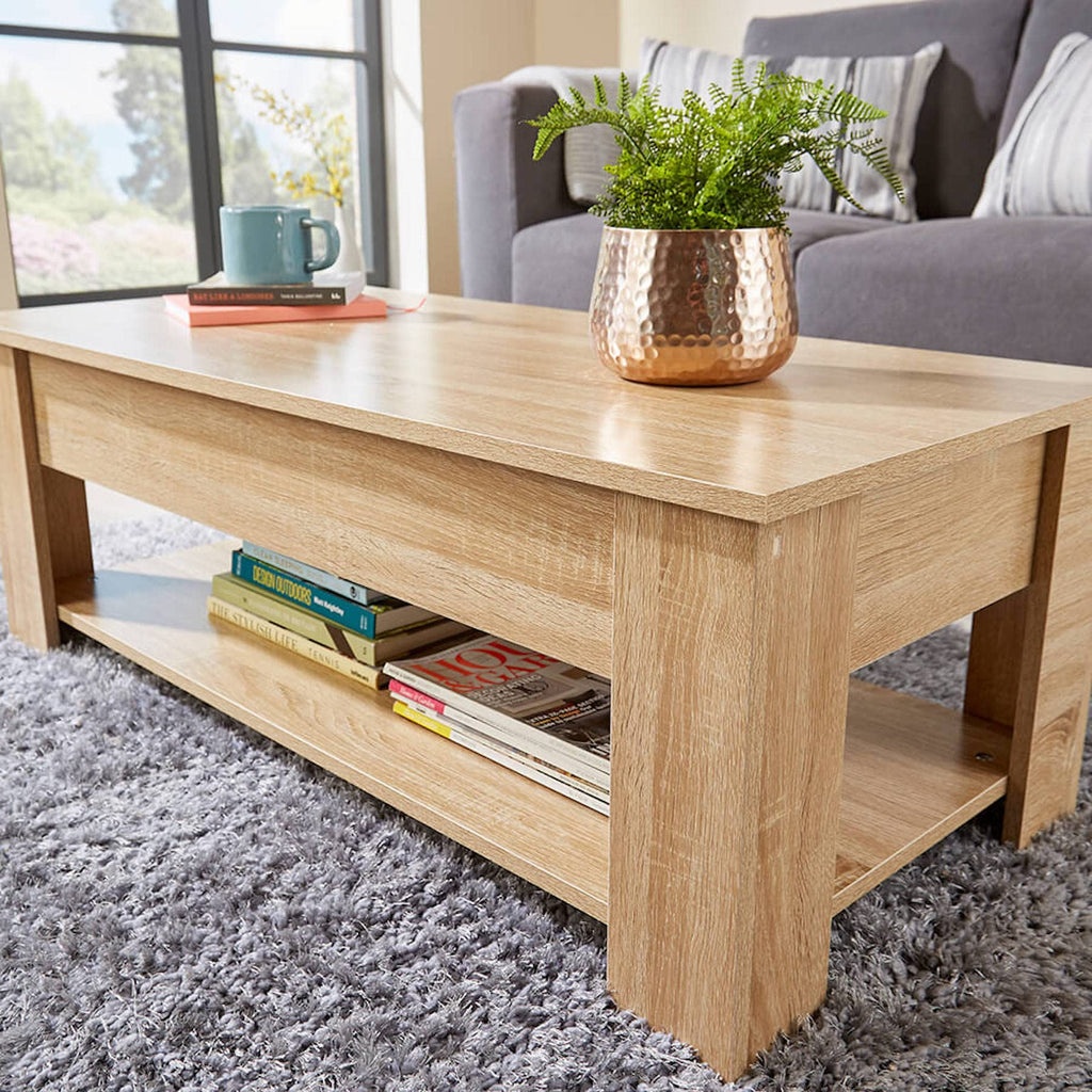 Home Source Lift Top Coffee Table with Storage & Shelf – Oak Effect