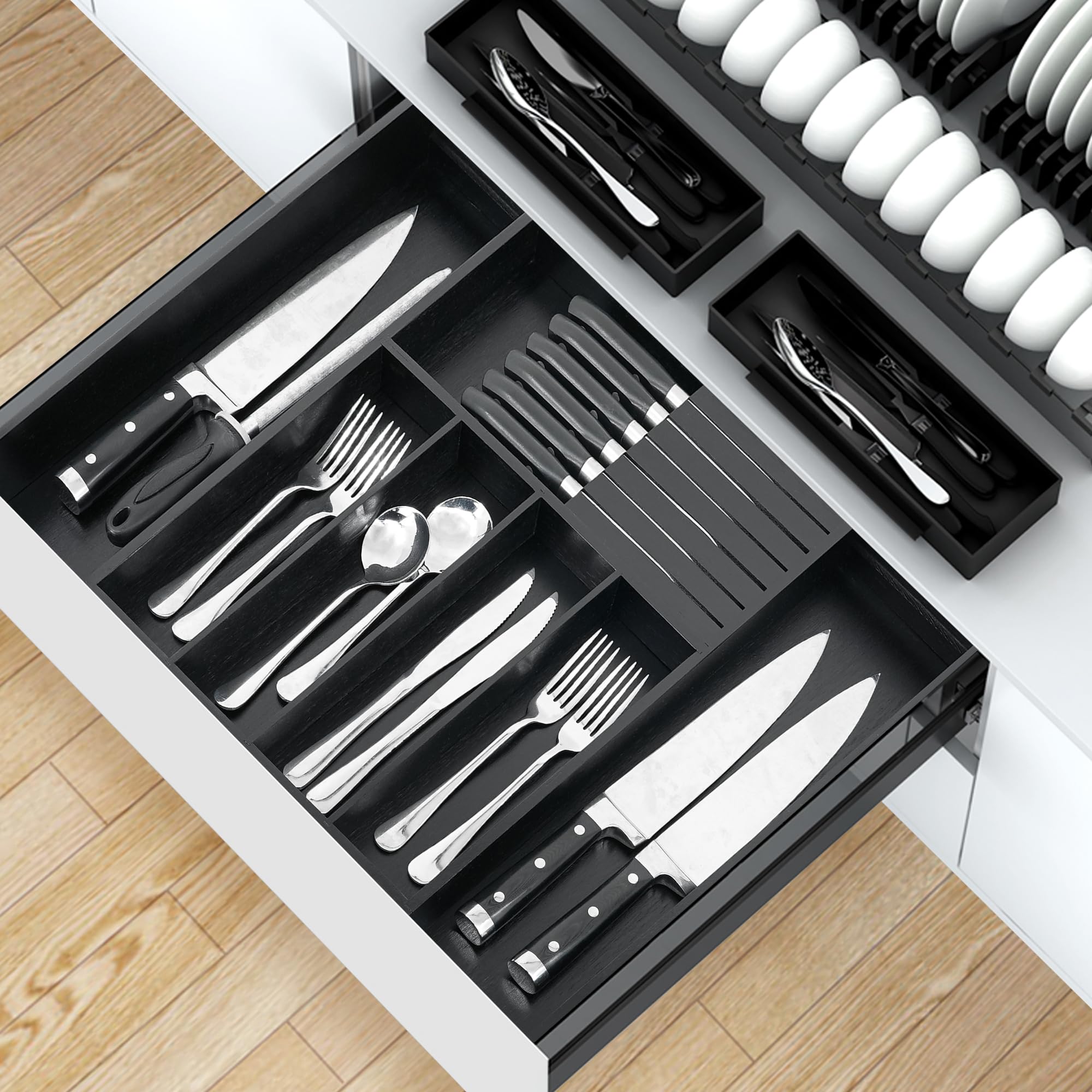 VaeFae Expandable Bamboo Silverware Drawer Organizer | Black Cutlery Tray