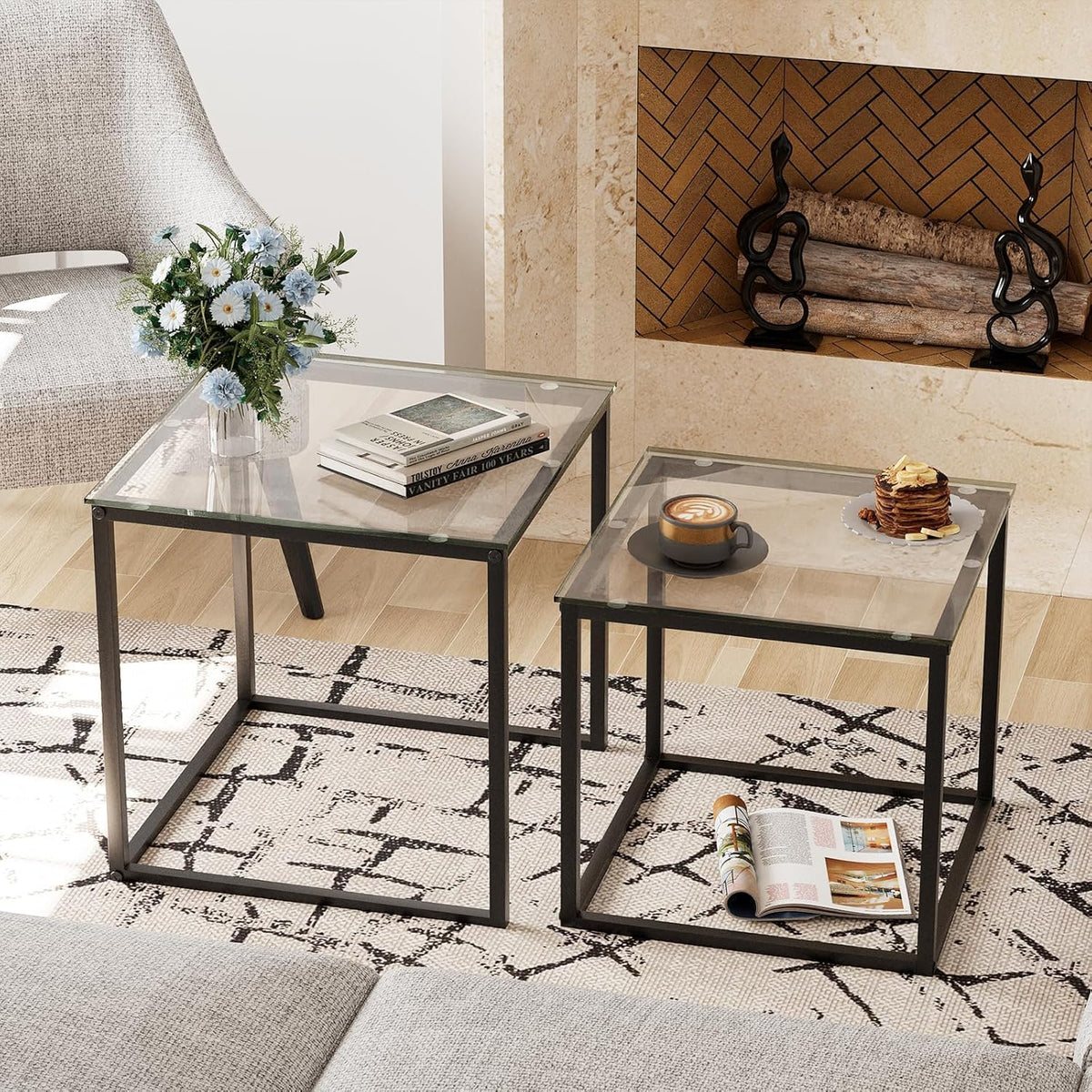 Huhote Nesting Tables, Set of 2 End Table, Coffee Tables, Glass Side Table - image 2