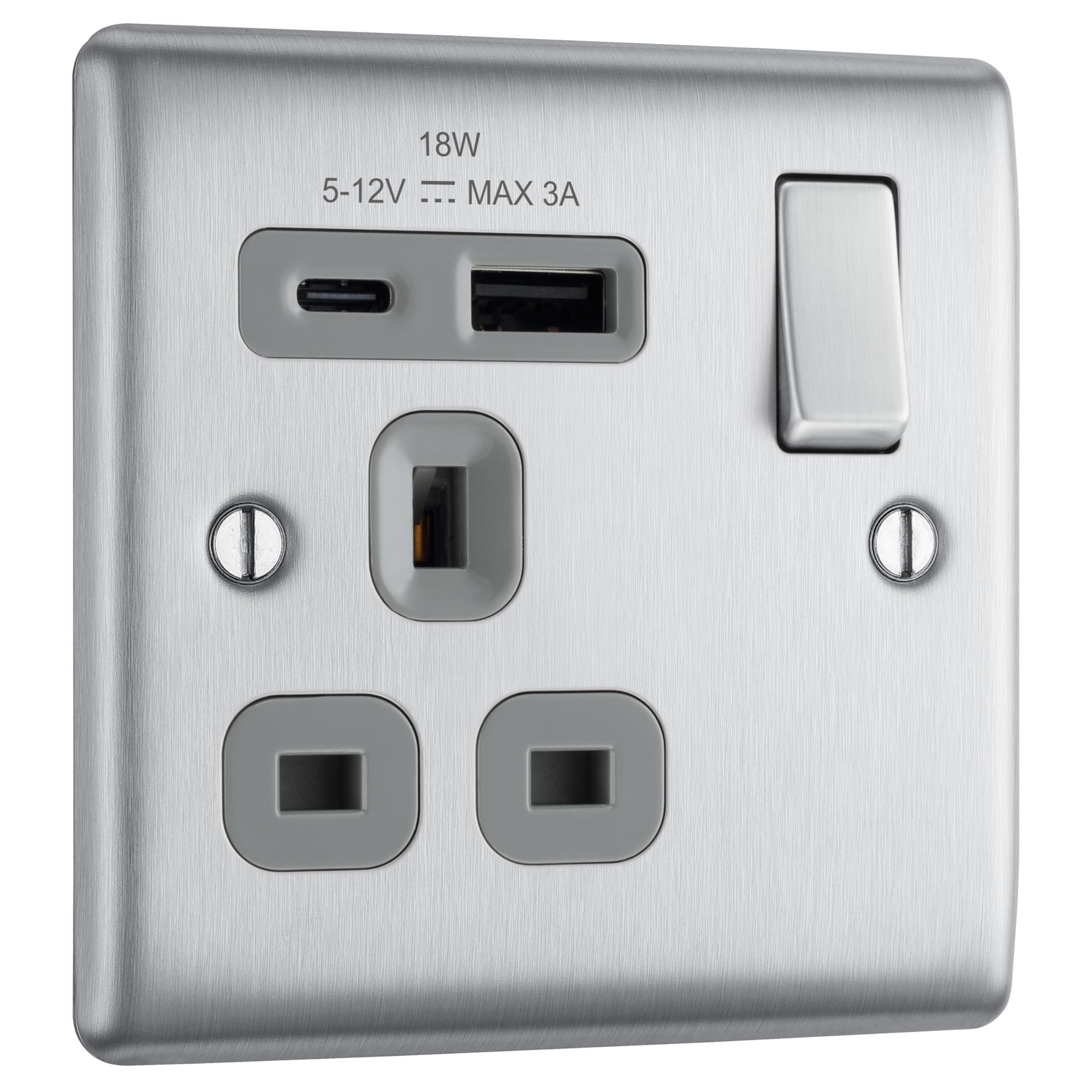BG Electrical 18W Single Wall Socket | Brushed Steel USB A & C