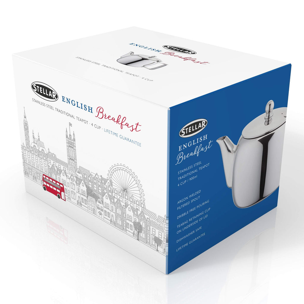 Stellar Traditional Teapot – 4 Cup 900ml Mirror Finish Stainless Steel